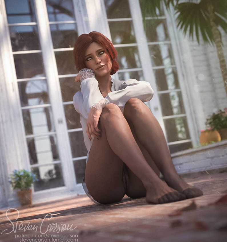 1girls, 3d, ass, bottomless skirt, cd projekt red, feet, female, female only, large ass, looking at viewer, no panties, pussy, realistic, sheer legwear, skirt, solo, stevencarson, the witcher, the witcher (series), the witcher 2, the witcher 3: wild hunt, triss merigold, upskirt, wide hips