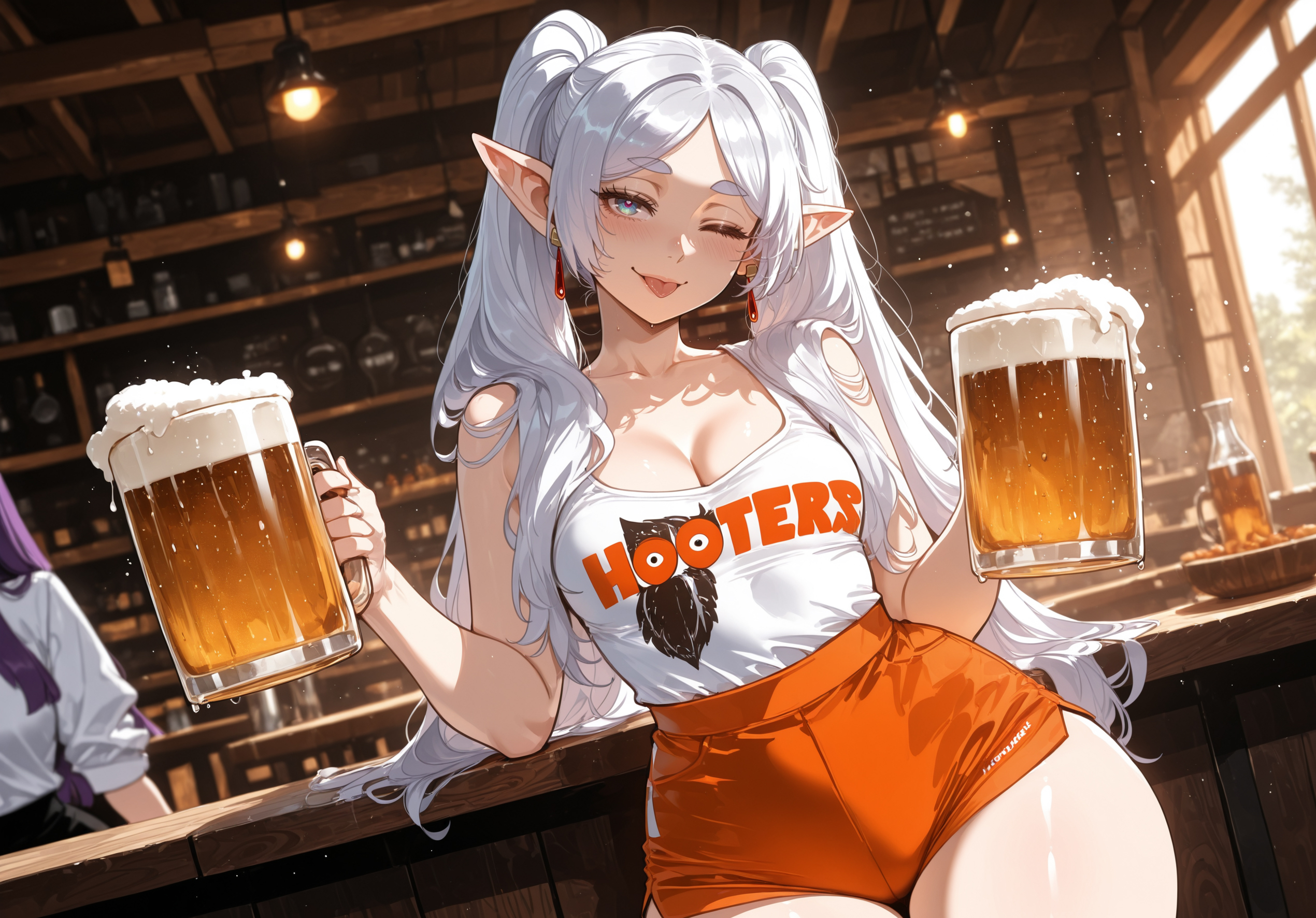 2girls, ai generated, alcohol, bar, big ass, big booty, big breasts, big butt, big thighs, curvy, cute, elf, elf ears, fern (sousou no frieren), frieren, frieren beyond journey's end, green eyes, hooters, hot, huge ass, huge booty, huge breasts, huge butt, huge thighs, miyuai, purple eyes, purple hair, sexy, sexy body, sexy female, small breasts, sousou no frieren, thick, thick ass, thick body, thick butt, thick legs, thick thighs, white hair