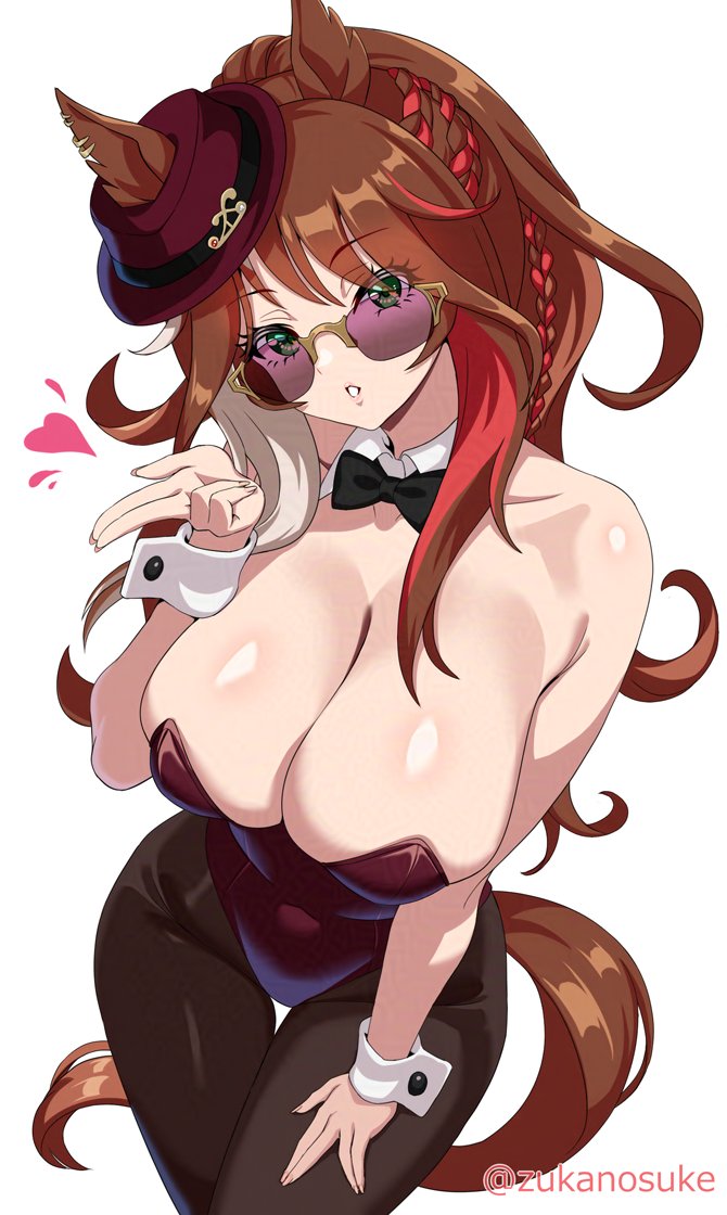 blowing kiss, bowtie, braid, braided hair, brown hair, bunnysuit, cleavage, cleavage overflow, collar, forever young (umamusume), glossy body, green eyes, hat, heart, horse ears, horse girl, horse tail, large breasts, looking over eyewear, looking over sunglasses, pantyhose, plain background, red hair, sunglasses, tinted eyewear, twitter username, umamusume, umamusume pretty derby, watermark, white background, zukanosuke