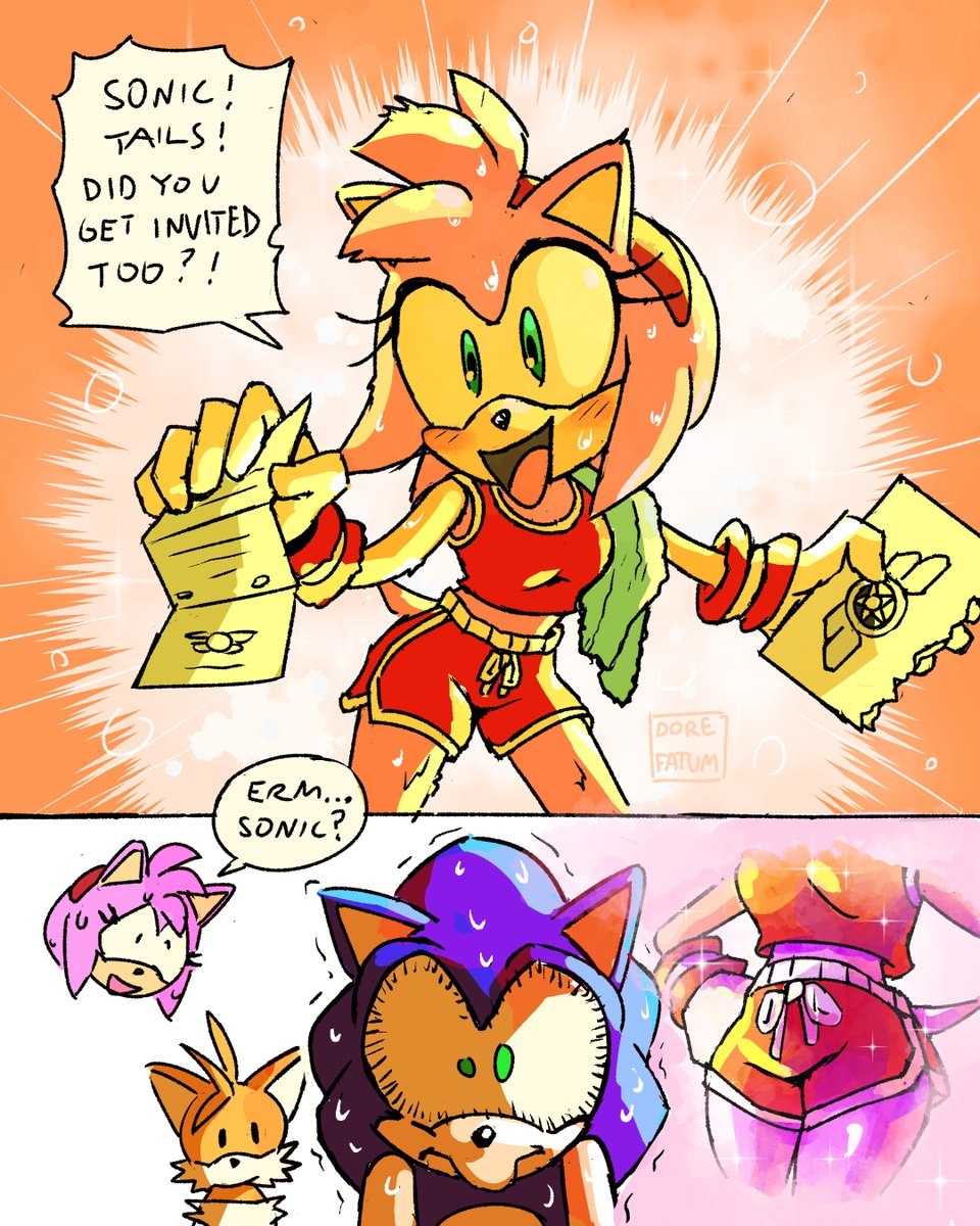 2boys, amy rose, bad tag, blonde hair, blue fur, blue hair, blush, bra, dorefatum, excited, fox, green eyes, hairband, hedgehog, legs, letter, medium hair, multiple boys, nervous, petite, pink fur, pink hair, sega, shorts, sonic (series), sonic racing crossworlds, sonic the hedgehog, sports bra, sports shorts, sportswear, sweat, sweatdrop, tail, tails (sonic), tails the fox, teenage, teenage boy, teenage girl, teenager, underwear, yellow fur