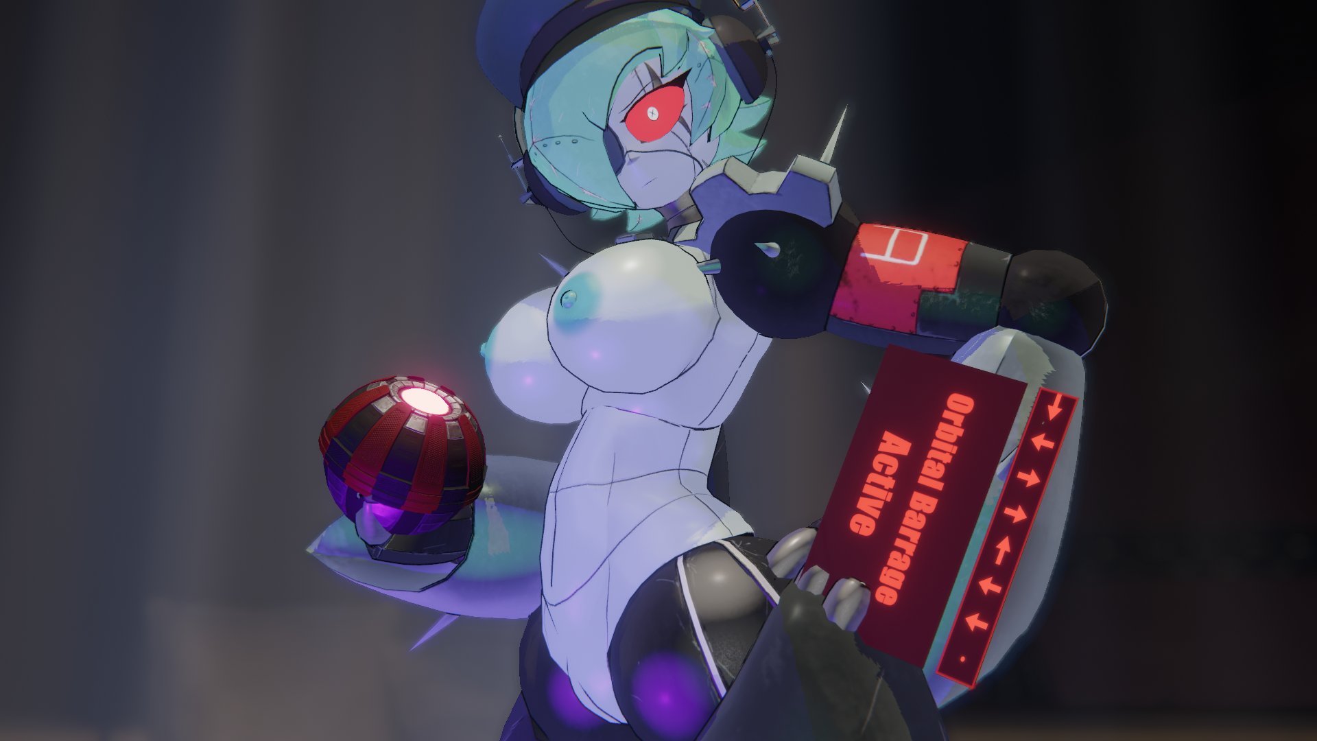 automaton (helldivers), blue hair, commissar-chan (arzyparzy), eyepatch, female, functionally nude, functionally nude female, helldivers, jallerarts, kurobara lilim, nipples, nude, nude female, pussy, red eyes, robot girl, text