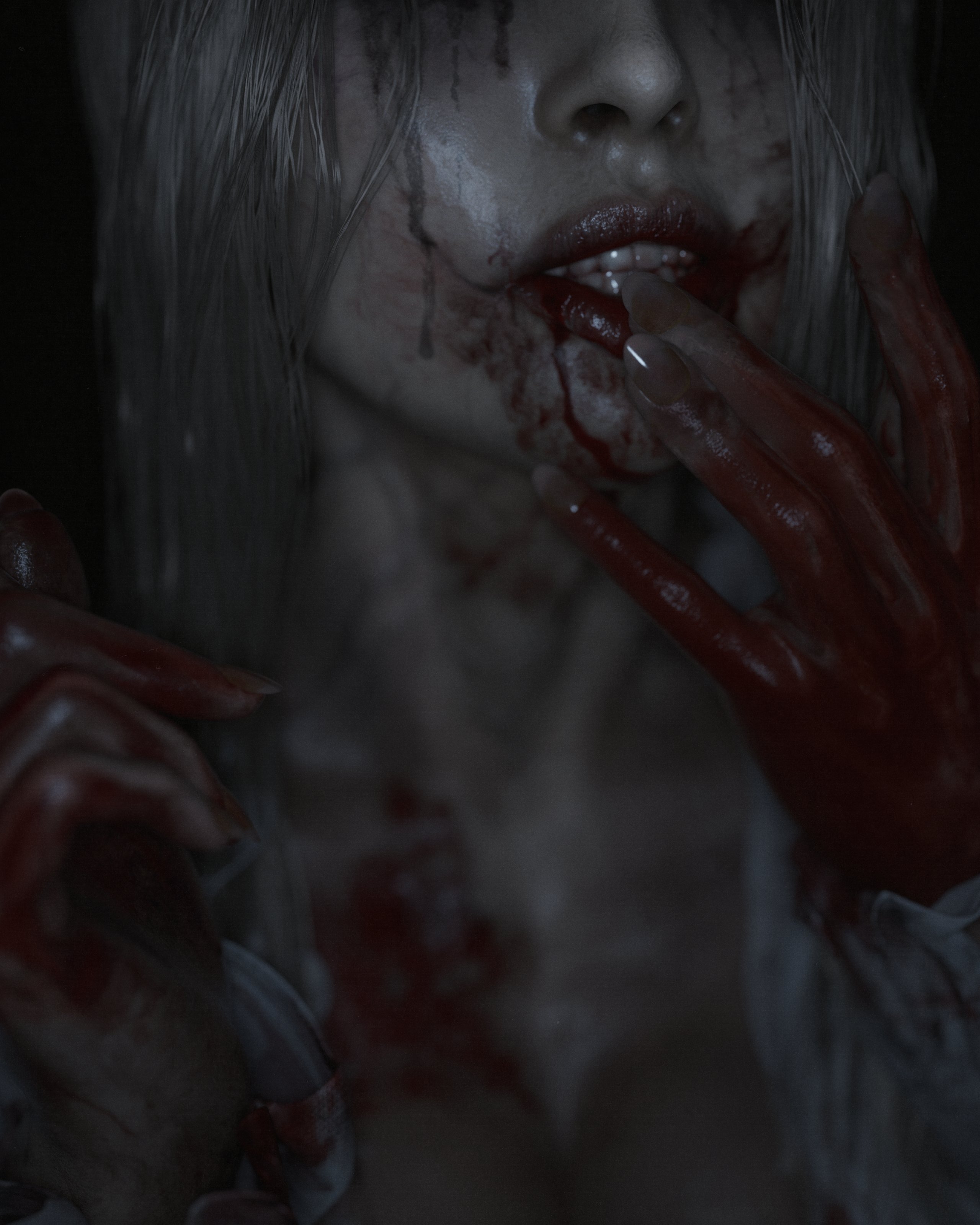 3d, 3d (artwork), 3d model, blood drip, blood in mouth, blood on face, blood on hand, blood stain, breasts, cleavage, faceless female, female, finger in mouth, fingers, grey body, grey skin, grey-skinned female, light hair, light skin, light-skinned female, lips, makeup, messy, messy makeup, nails, nv3d, pale skin, pale-skinned female, plump lips, resident evil, resident evil 9: requiem, seductive, seductive look, seductive pose, selena corey, solo, sweating, undead, undead female, white dress, white hair, zombie, zombie girl