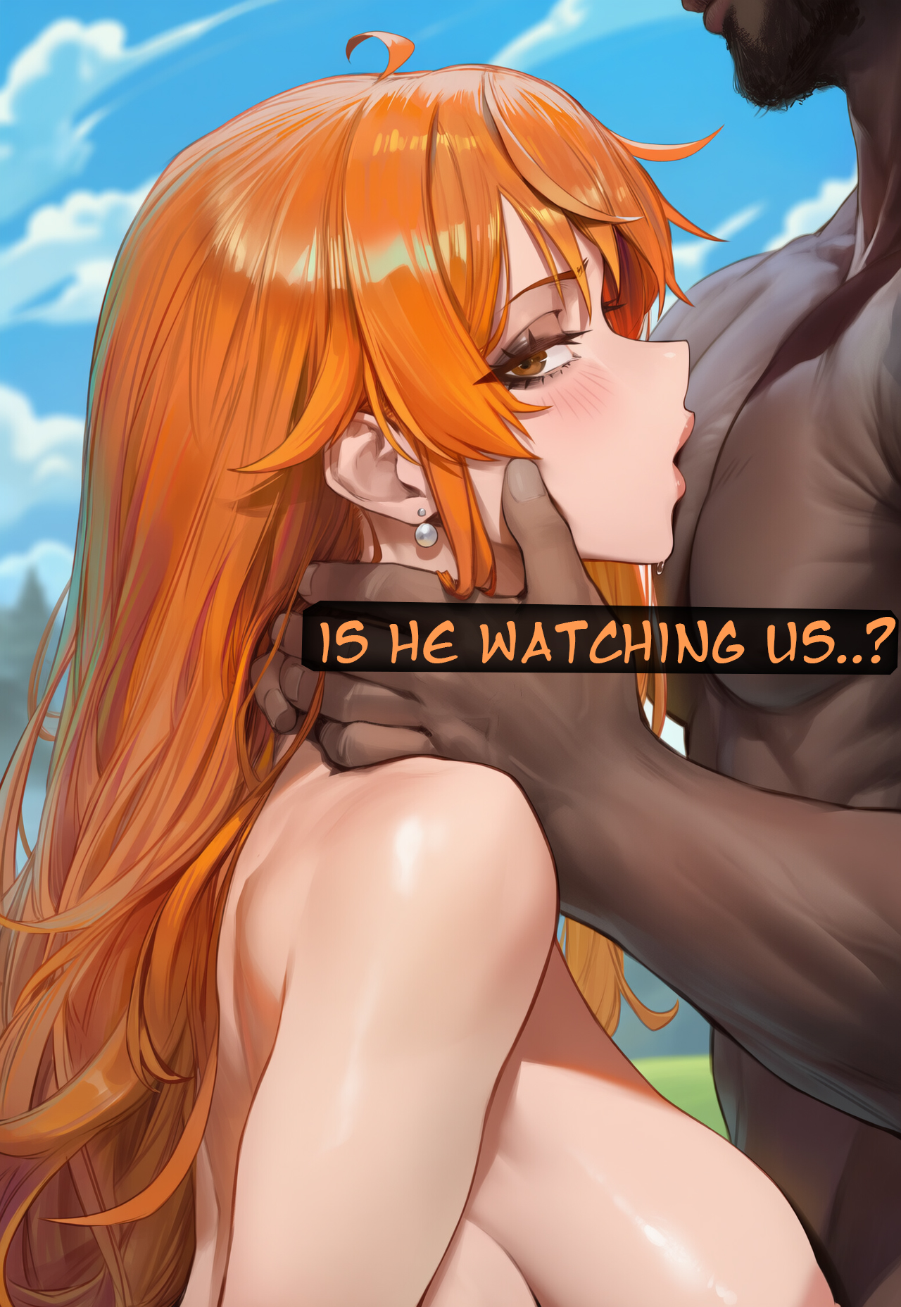 1boy, 1girls, ai generated, cuckold, cuckold pov, dark skin, dark-skinned male, english text, female, interracial, looking at viewer, male, nami (one piece), one piece, pov, red hair, sorindommy, text