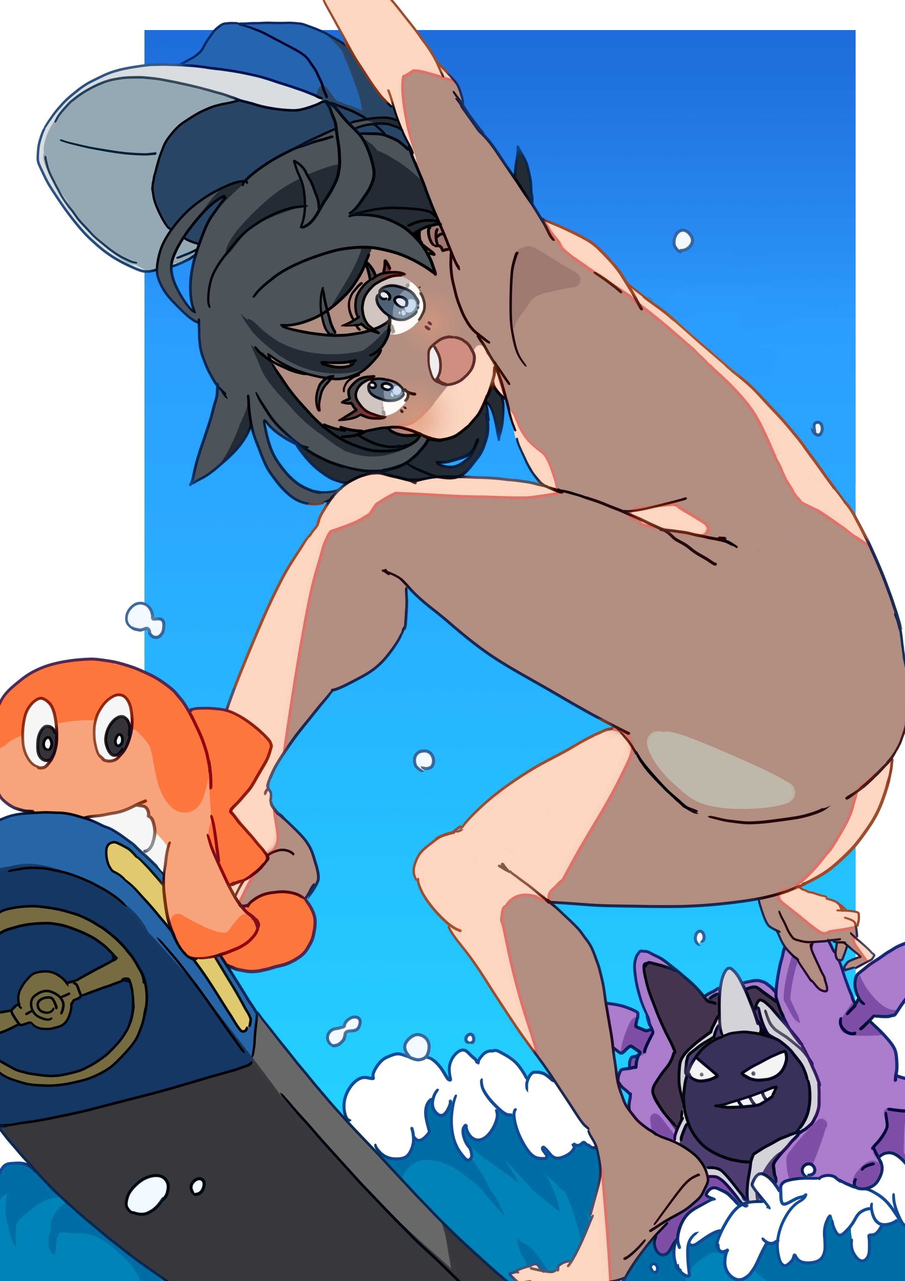 1girls, black hair, blue eyes, casual, cloyster, dark skin, dynamic pose, female, female protagonist (pokemon ww), game freak, human, naked, naked female, nintendo, nonsexual, nonsexual nudity, nudist, outdoors, parshen, pokemon, pokemon winds and waves, pokemon ww, surfing, syaritatsu, tatsugiri