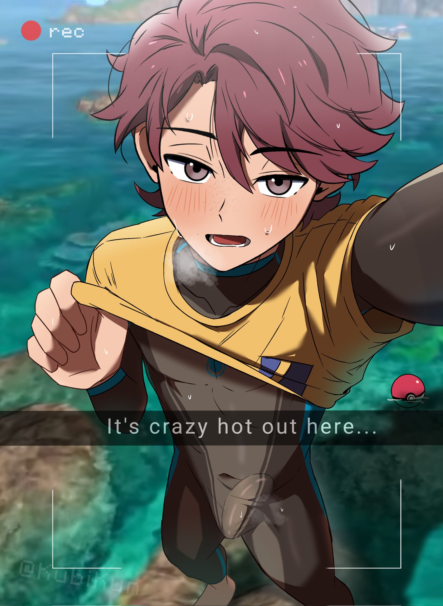 1boy, blush, brown hair, bulge, clothed, clothing, game freak, gay, gay male, half-closed eyes, kubikun, lifting shirt, looking at viewer, male only, male protagonist (pokemon ww), nintendo, outdoors, pokemon, pokemon ww, selfie, solo, standing, t-shirt, tight clothing, wetsuit, yaoi