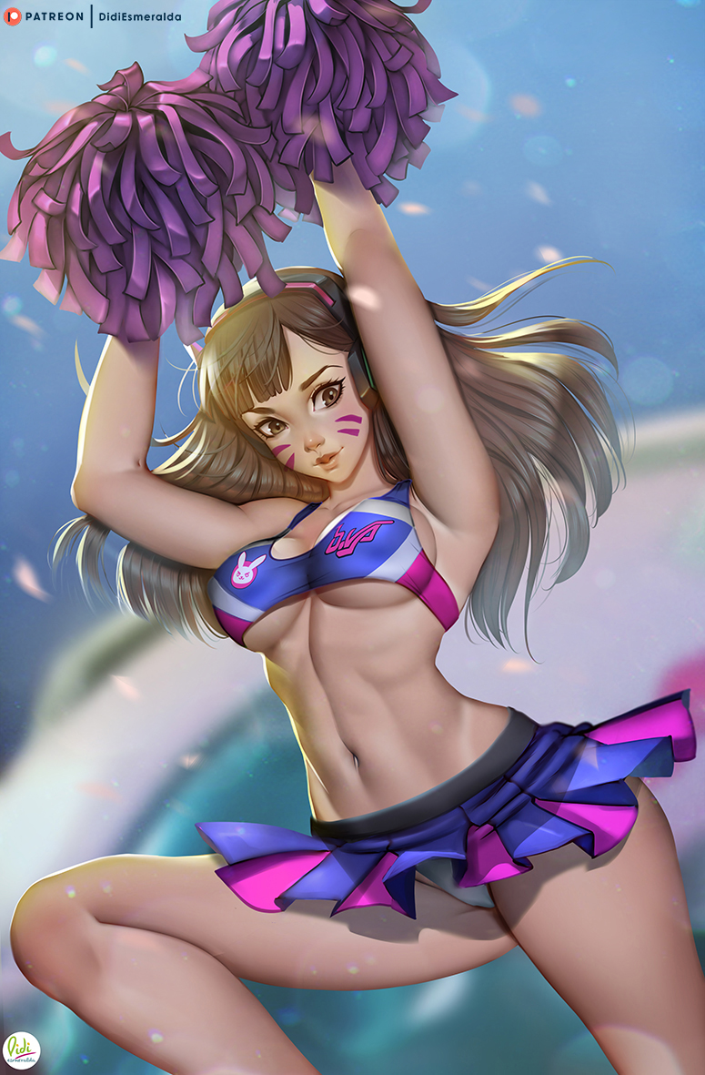 2d, blizzard entertainment, breasts, cheerleader, d.va, didi esmeralda, dutch angle, female, overwatch, sideboob, solo, underboob, upskirt