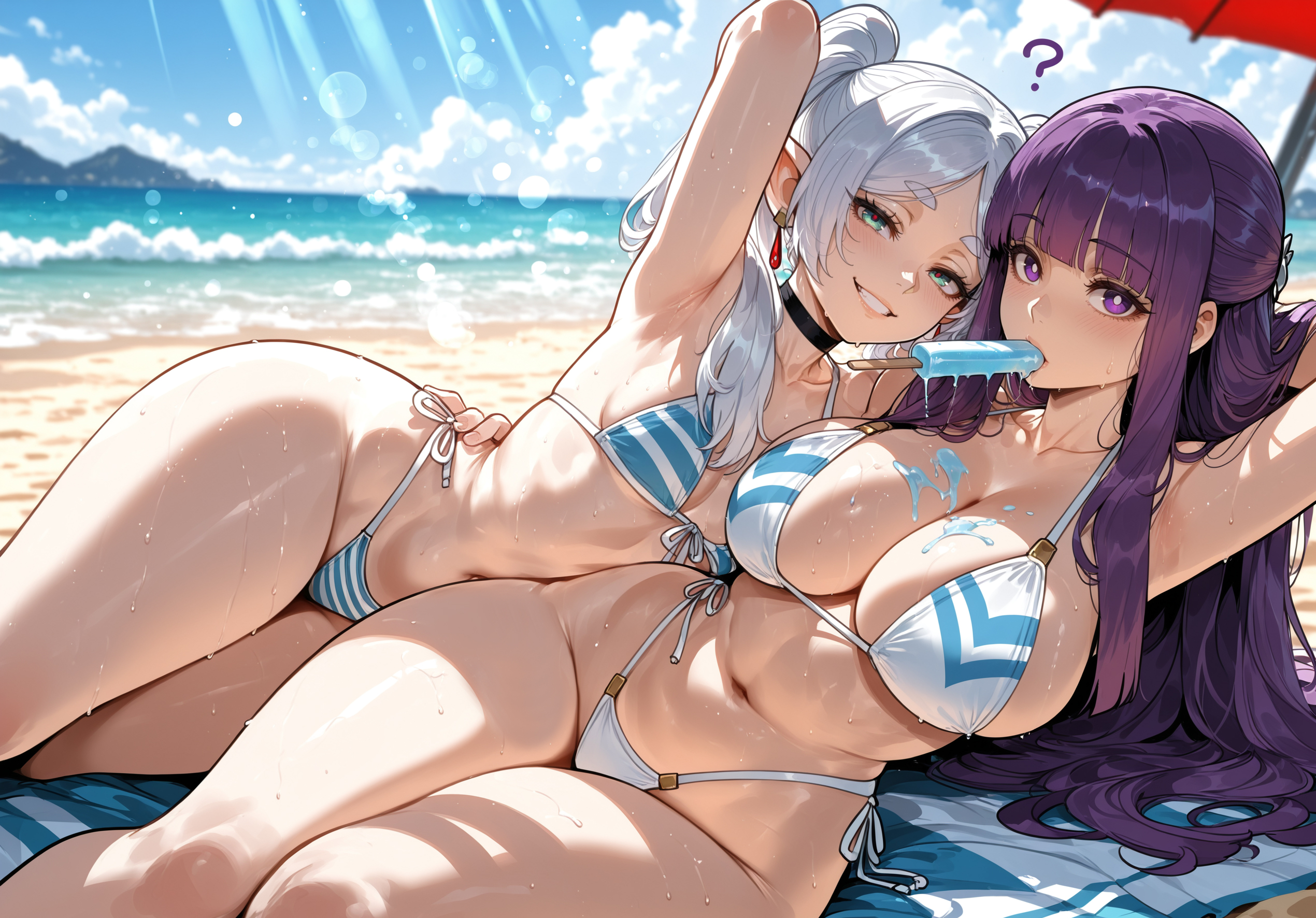 2girls, ai generated, beach, beach background, big ass, big booty, big breasts, big butt, big thighs, bikini, curvy, cute, elf, elf ears, fern (sousou no frieren), frieren, frieren beyond journey's end, green eyes, hot, huge ass, huge booty, huge breasts, huge butt, huge thighs, miyuai, purple eyes, purple hair, sexy, sexy body, sexy female, small breasts, sousou no frieren, thick, thick ass, thick body, thick butt, thick legs, thick thighs, white hair
