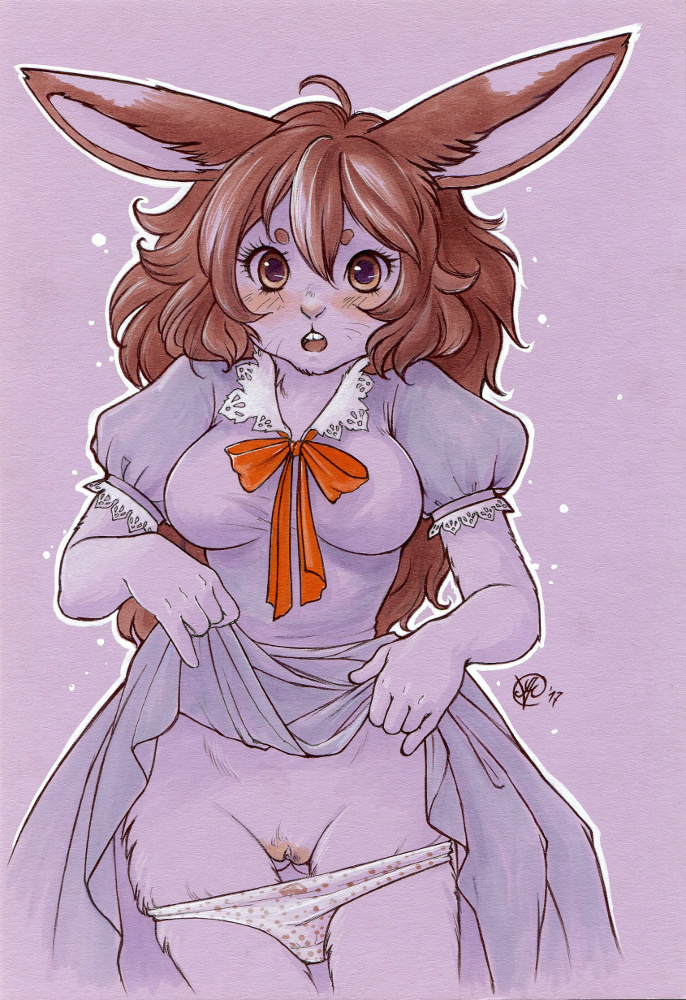 anthro blush bow brown_eyes brown_hair clothing clothing_lift dress female hair lace lagomorph long_hair looking_at_viewer mammal nekoart panties panties_around_legs pussy rabbit skirt skirt_lift solo underwear whiskers