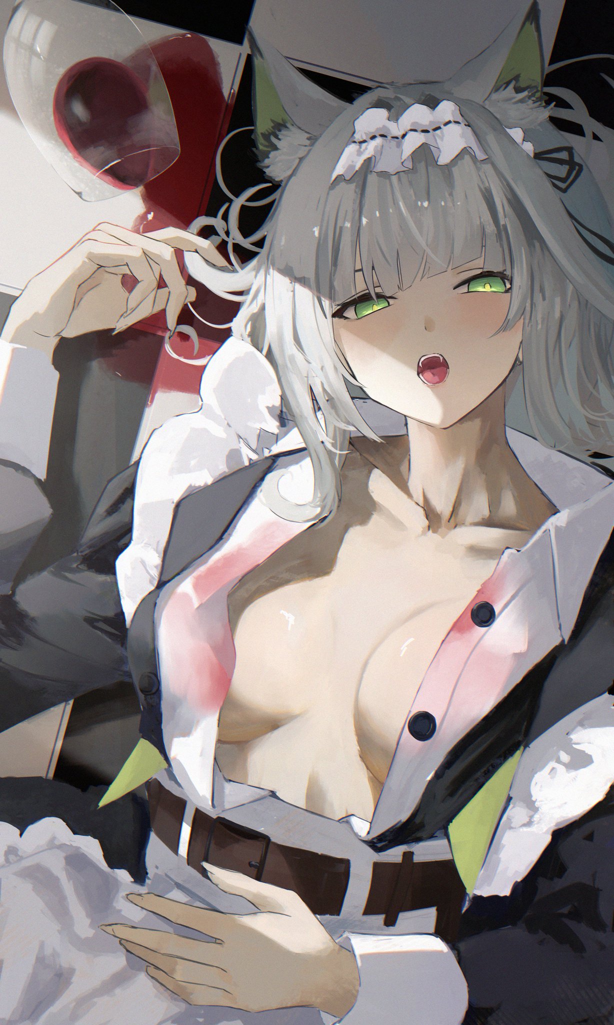 animal ears, arknights, belt, breasts, green eyes, kal'tsit (arknights), maid, maid headdress, maid uniform, mostly clothed, mzk yoru, nails, nipples covered, on back, on floor, open clothes, open mouth, sharp nails, spilled drink, spilled wine, stained clothes, wine, wine glass