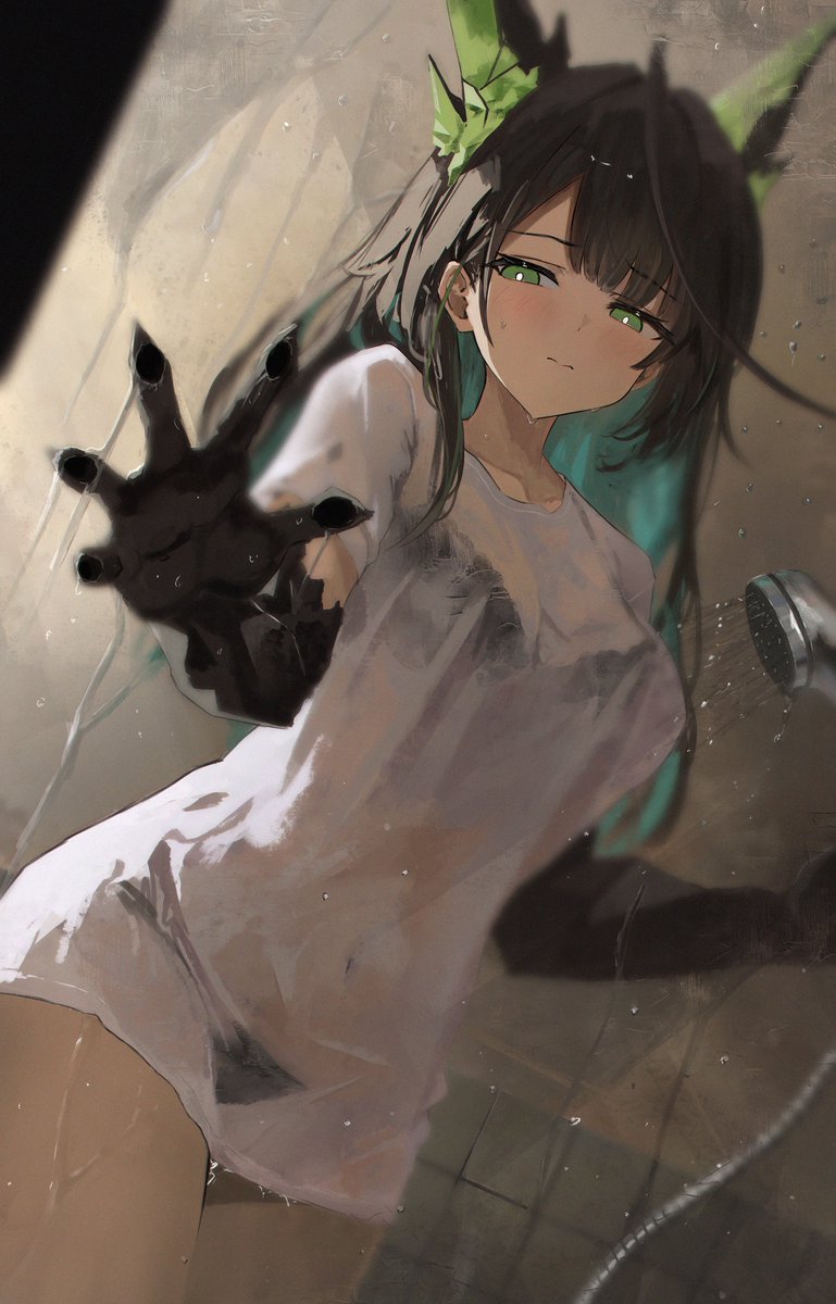 1girls, animal ears, arknights, artist request, black bra, black hair, black panties, blue eyes, bra, glass, green eyes, mon3tr (arknights), multicolored hair, mzk yoru, navel, panties, see-through clothing, shower, shower head, sole female, solo, solo female, two-tone hair, water, water drop, wet clothes, wet shirt