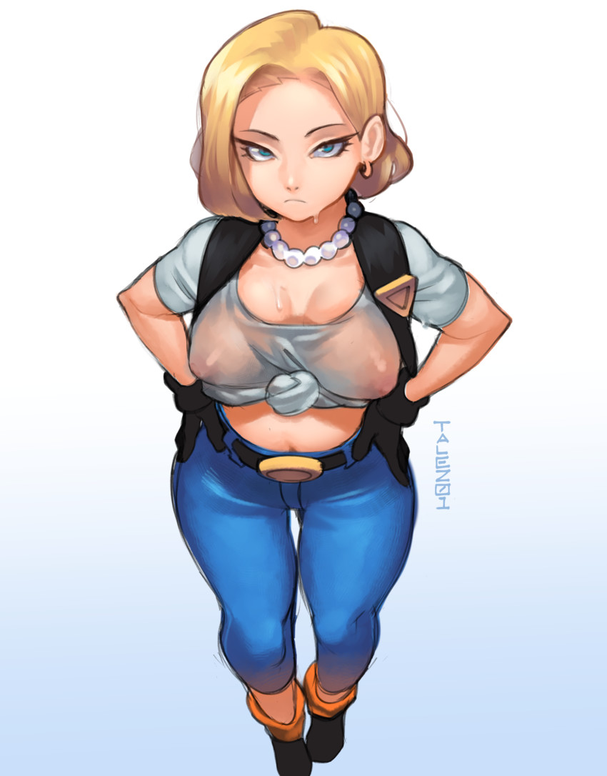 1girls android_18 belt blonde_hair blue_eyes breasts dragon_ball female female_only hands_on_hips jeans looking_at_viewer looking_up milf necklace pants solo sweat talez01 tight_jeans tight_pants wet wet_clothes wet_shirt