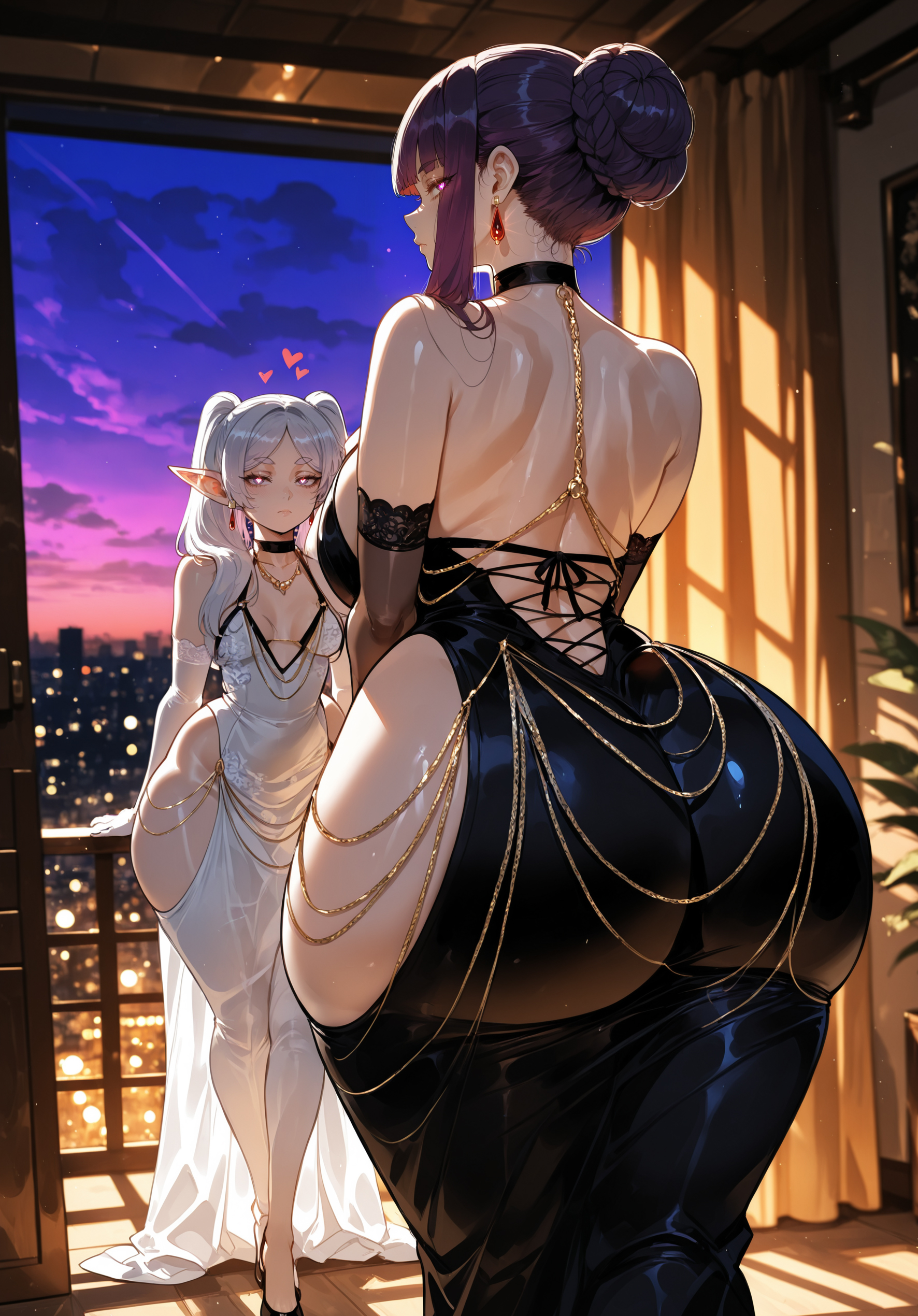 2girls, ai generated, ass, ass focus, big ass, big booty, big breasts, big butt, big thighs, black dress, breasts, bubble butt, curvy, cute, dress, dumptruck ass, elf, elf ears, enormous ass, fat ass, female, female only, fern (sousou no frieren), frieren, frieren beyond journey's end, gigantic ass, ginormous ass, goonable, green eyes, hot, huge ass, huge booty, huge breasts, huge butt, huge thighs, humongous ass, hyper, hyper ass, long dress, masterpiece, mature, mature body, mature figure, mature woman, milf, miyuai, mommy, night, night dress, perfect ass, perfect body, perfection, purple eyes, purple hair, rare, revealing, revealing clothes, revealing clothing, revealing dress, revealing outfit, round ass, sexy, sexy body, sexy female, small breasts, sousou no frieren, thick, thick ass, thick body, thick butt, thick legs, thick thighs, thighs, tight clothing, tight dress, tight fit, voluptuous, voluptuous female, white dress, white hair, wide hips