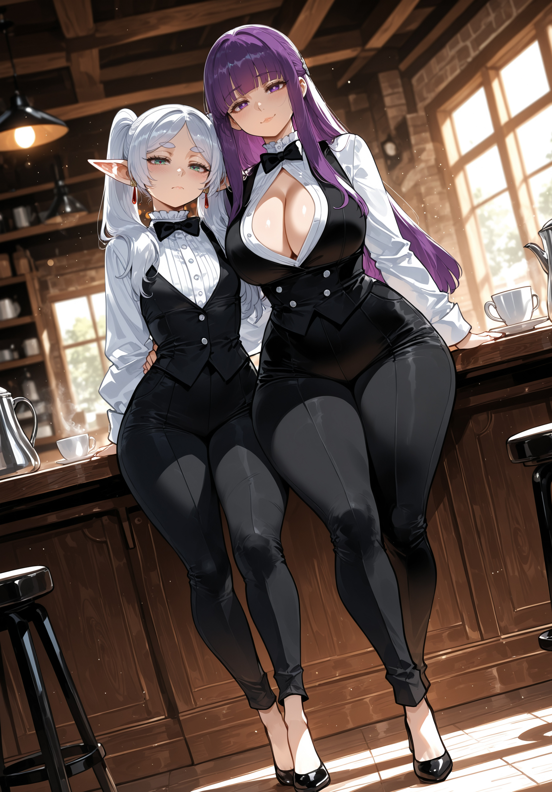 2girls, ai generated, big ass, big booty, big breasts, big butt, big thighs, curvy, cute, elf, elf ears, fern (sousou no frieren), frieren, frieren beyond journey's end, green eyes, hot, huge ass, huge booty, huge breasts, huge butt, huge thighs, maid, maid outfit, maid uniform, miyuai, purple eyes, purple hair, sexy, sexy body, sexy female, small breasts, sousou no frieren, thick, thick ass, thick body, thick butt, thick legs, thick thighs, tight clothes, tight clothing, tight fit, tight pants, white hair
