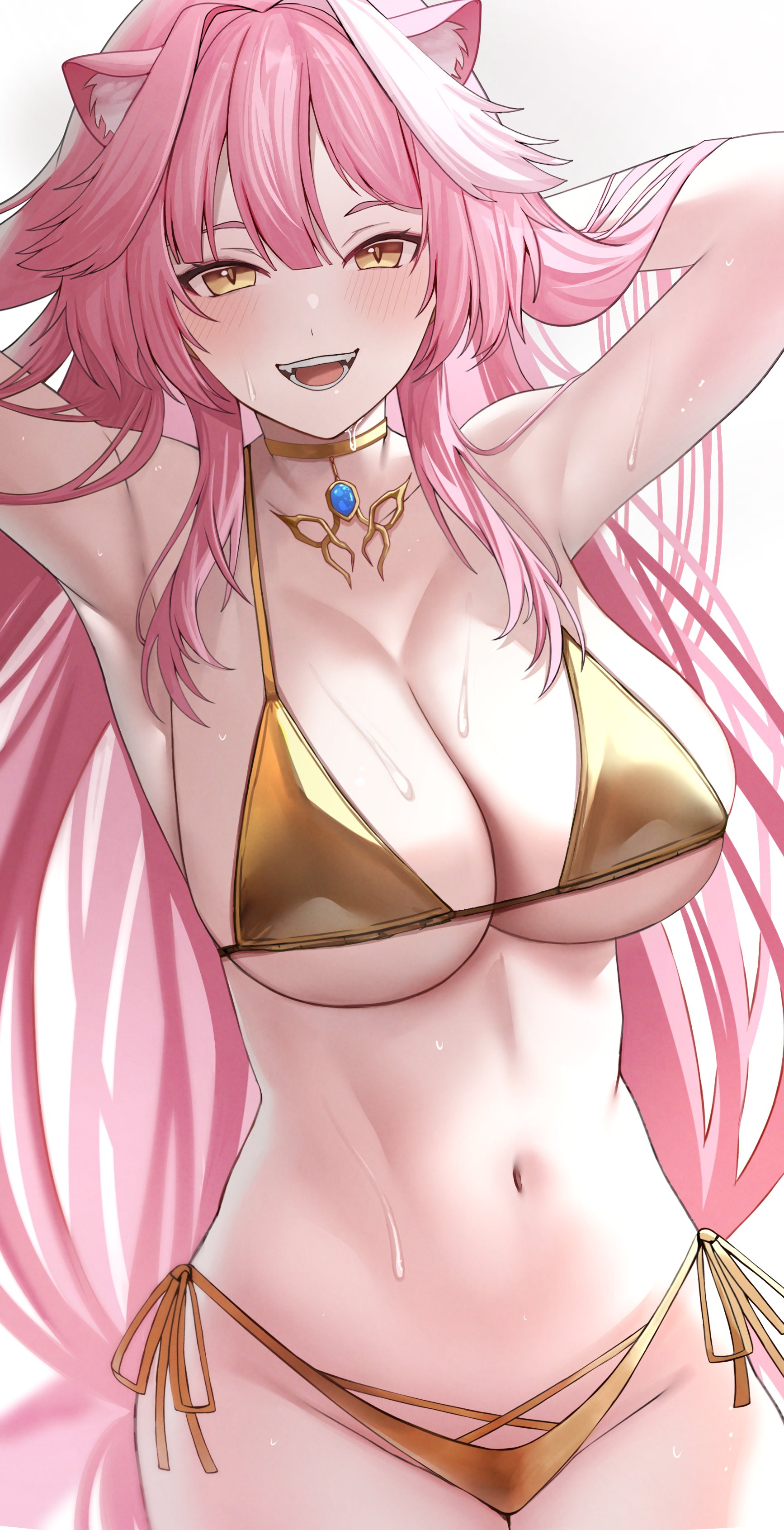 :d, absurdres, animal ear fluff, animal ears, armpits, arms up, bikini, breasts, cat ears, cat girl, commentary, fangs, female, female pubic hair, gold bikini, gold choker, golden week, hashtag-only commentary, highres, hololive, hololive english, large breasts, long hair, looking at viewer, navel, open mouth, panther ears, panther girl, pendant choker, pink hair, pubic hair, raora panthera, si farid, side-tie bikini bottom, simple background, smile, solo, stomach, sweat, swimsuit, teeth, virtual youtuber, white background, yellow eyes