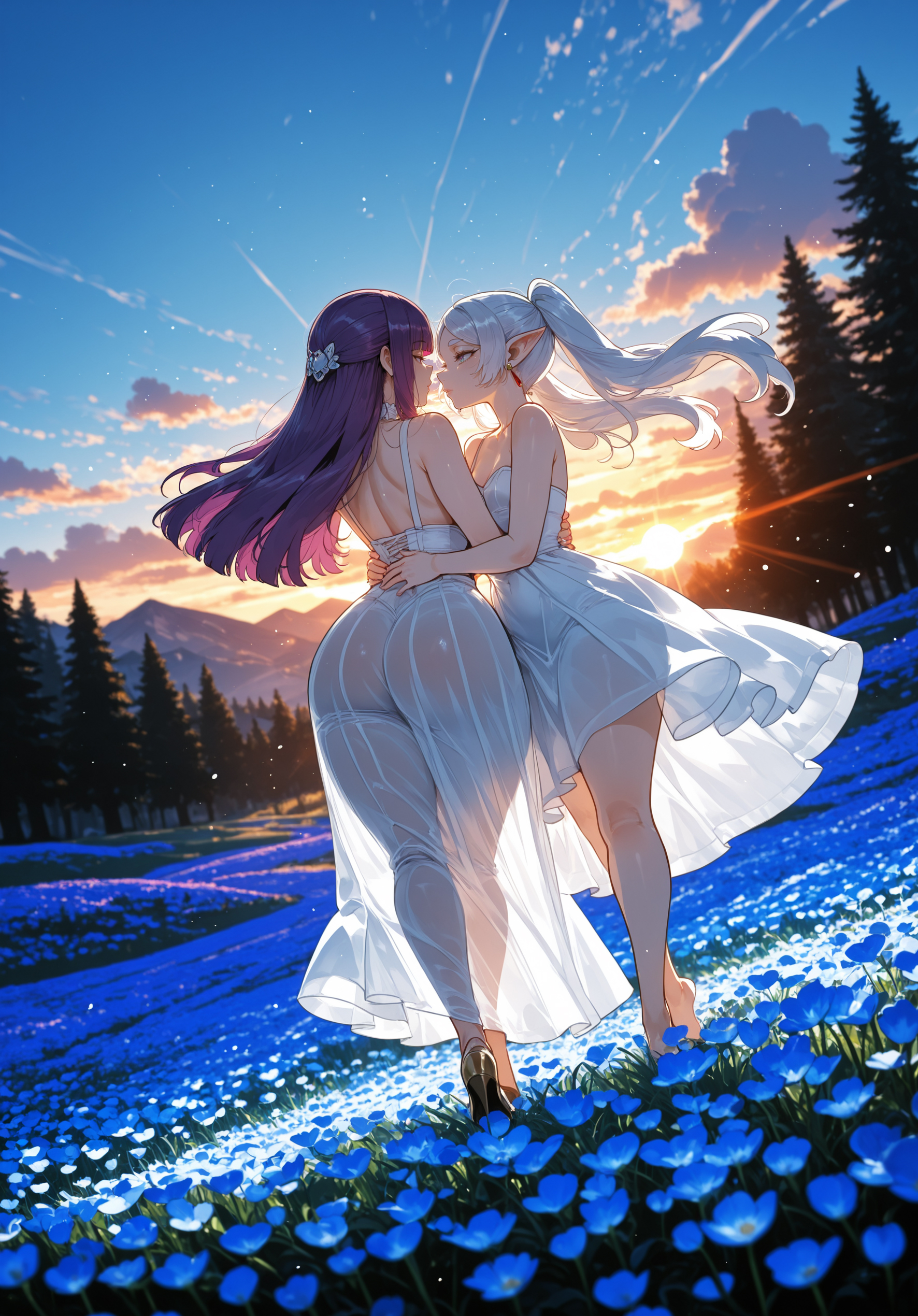 2girls, ai generated, big ass, big booty, big breasts, big butt, big thighs, curvy, cute, elf, elf ears, fern (sousou no frieren), frieren, frieren beyond journey's end, green eyes, hot, huge ass, huge booty, huge breasts, huge butt, huge thighs, miyuai, purple eyes, purple hair, sexy, sexy body, sexy female, small breasts, sousou no frieren, thick, thick ass, thick body, thick butt, thick legs, thick thighs, tight clothes, tight clothing, tight dress, tight fit, white dress, white hair, yuri