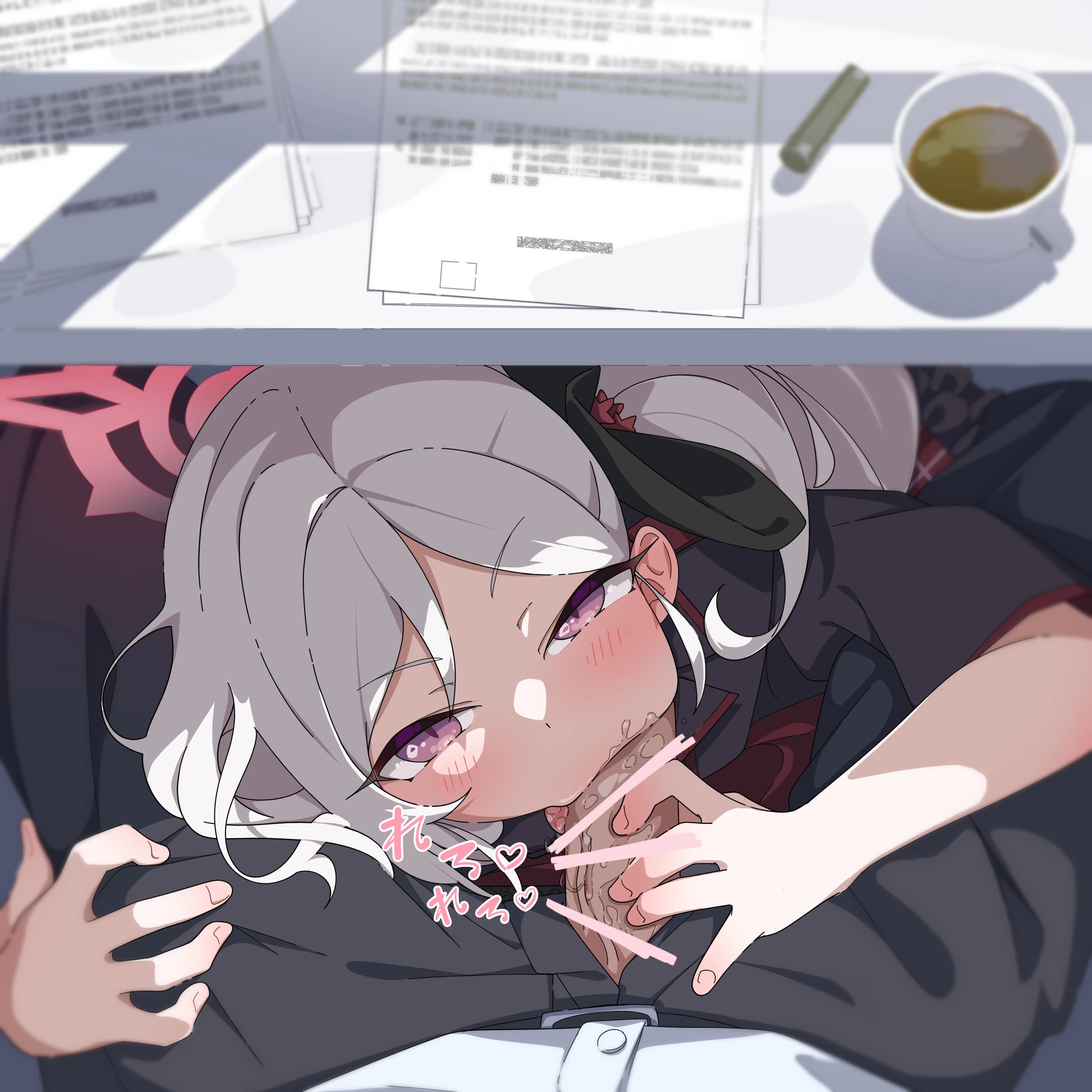 1boy, absurdres, assertive female, bar censor, blue archive, blush, censored, cheek bulge, commentary, cup, desk, eye contact, fellatio, female, from above, gehenna academy student, hair ornament, hair scrunchie, halo, heart, highres, hug and suck, hugging another's leg, looking at viewer, male, mug, mutsuki (blue archive), open fly, oral, paid reward available, paper, penis, penis out, pink eyes, pov, pov crotch, problem solver 68 (blue archive), rarigo, scrunchie, side ponytail, solo focus, sound effects, straight, teacher and student, under desk, under the table, unprofessional behavior, white hair, young