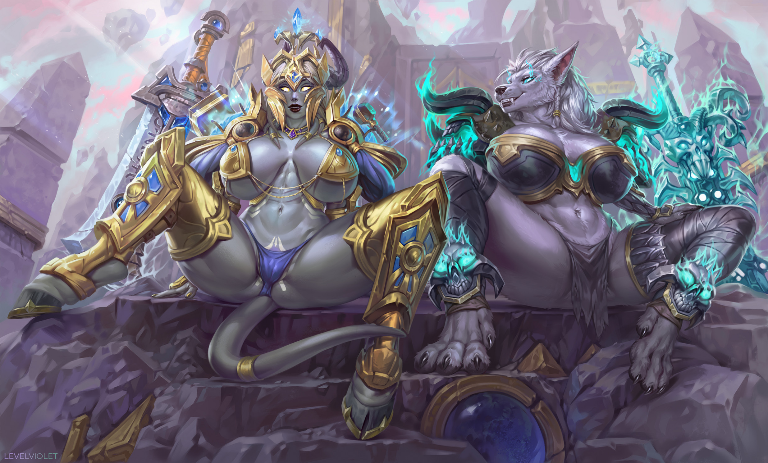 2girls, death knight, draenei, female, levelviolet, lightforged draenei, loincloth, warcraft, worgen, world of warcraft