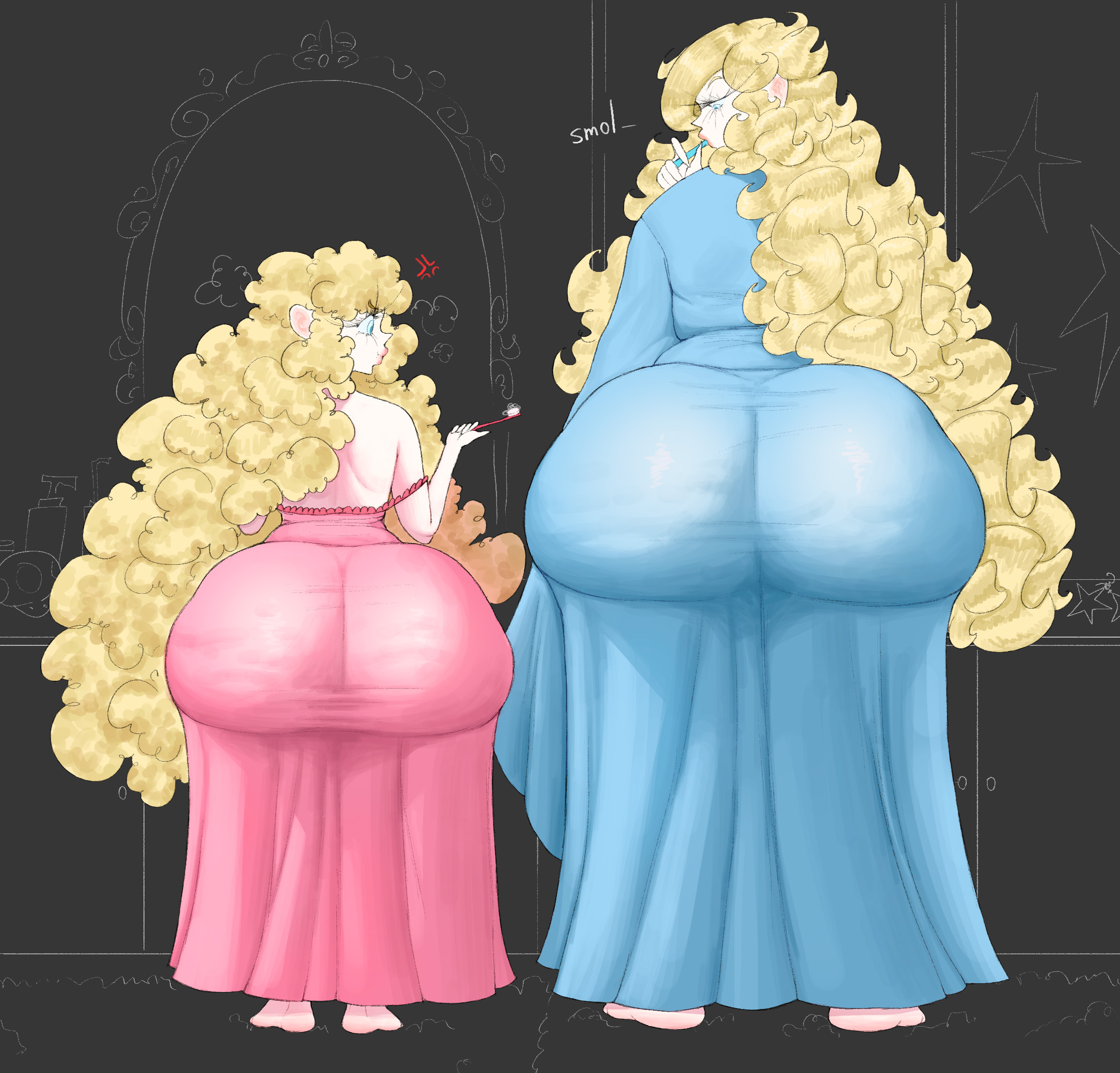 2girls, adych, ass, ass bigger than head, ass comparison, ass envy, ass focus, ass in dress, ass size difference, big ass, blonde hair, bottom heavy, bubble butt, child bearing hips, curvaceous, curvy, curvy female, dialogue, dress, fat ass, female, female only, gluteal fold, height difference, huge ass, jealous, jealous female, large ass, long hair, looking at another, looking down, mario (series), massive ass, nightgown, nintendo, princess peach, princess rosalina, rear view, royalty, shortstack female, staring at ass, take your pick, talking to another, text, thick ass, thick thighs, toothbrush, wide hips