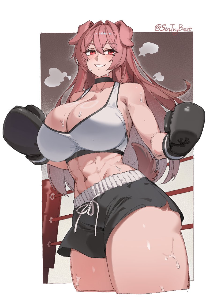 abs, animal ears, black boxing gloves, black choker, black gloves, black shorts, blush, boxing gloves, boxing ring, boxing shorts, breasts, brown hair, choker, cleavage, commentary, commission, cropped legs, dog ears, dog girl, dog tail, english commentary, female, fighting ring, grin, hair between eyes, hair intakes, highres, hololive, hololive gamers, huge breasts, inugami korone, long hair, looking at viewer, midriff, muscular, muscular female, navel, original, red eyes, short shorts, shorts, sin (sintrybest), sintrybest, smile, solo, sports bra, steaming body, sweat, tail, thick thighs, thighs, twitter username, very long hair, virtual youtuber, white sports bra