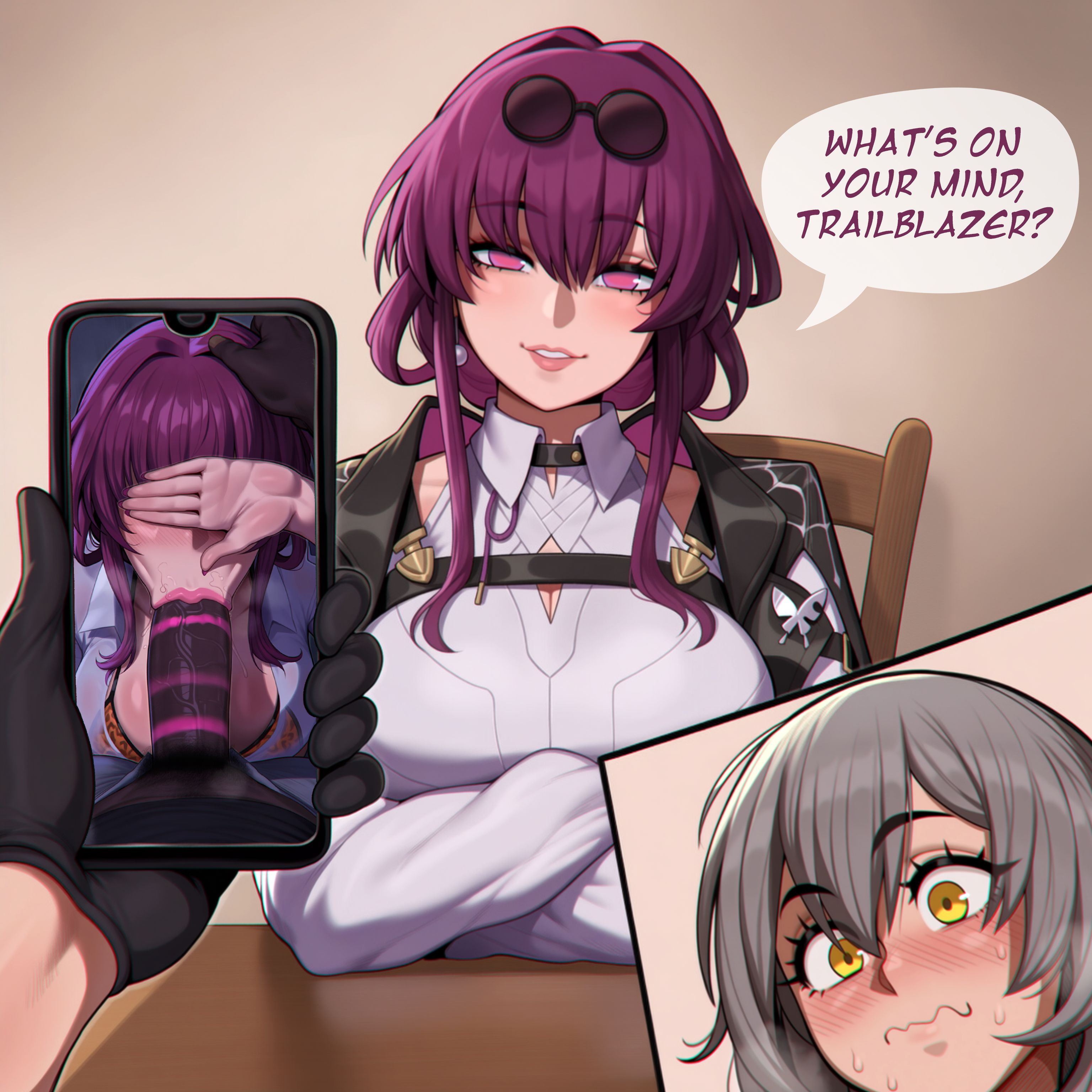 :>=, 1boy, 2026, 2girls, absurd res, absurdres, ai generated, aroused, bangs, big penis, bikini, bikini top, black coat, black shirt, blowjob, blush, breasts, chair, cleavage, close-up, clothed, clothing, coat, coat on shoulders, covered eyes, crossed arms, cut-in, dark skin, dark-skinned male, drooling, earring, english text, erection, eyewear, eyewear on head, facing viewer, fellatio, female, fleurai, from above, glasses, glasses on head, glove, grey hair, hair between eyes, hand on another's head, hand on head, hand up, hi res, high quality, high resolution, highres, holding phone, honkai (series), honkai: star rail, hoyoverse, huge breasts, huge cock, indoors, interracial, kafka (honkai: star rail), kneeling, large breasts, large penis, leopard print, leopard print bikini, light skin, light-skinned female, lipstick, lipstick on penis, lipstick ring, long hair, long sleeves, looking at phone, looking at viewer, male, nervous, nervous sweat, open fly, oral, pants, parted lips, penis, penis out, phone, phone screen, pink eyes, pink lipstick, pov, pubic hair, purple hair, saliva, saliva drip, saliva on penis, saliva string, saliva trail, see-through, see-through clothing, see-through shirt, self upload, shirt, sidelocks, sitting, sitting on chair, smile, snowbunny, speech bubble, standing, stelle (honkai: star rail), stray pubic hair, sucking, sucking penis, sweat, table, teeth, text, upper body, veiny penis, wavy mouth, white shirt, wide-eyed, yellow eyes