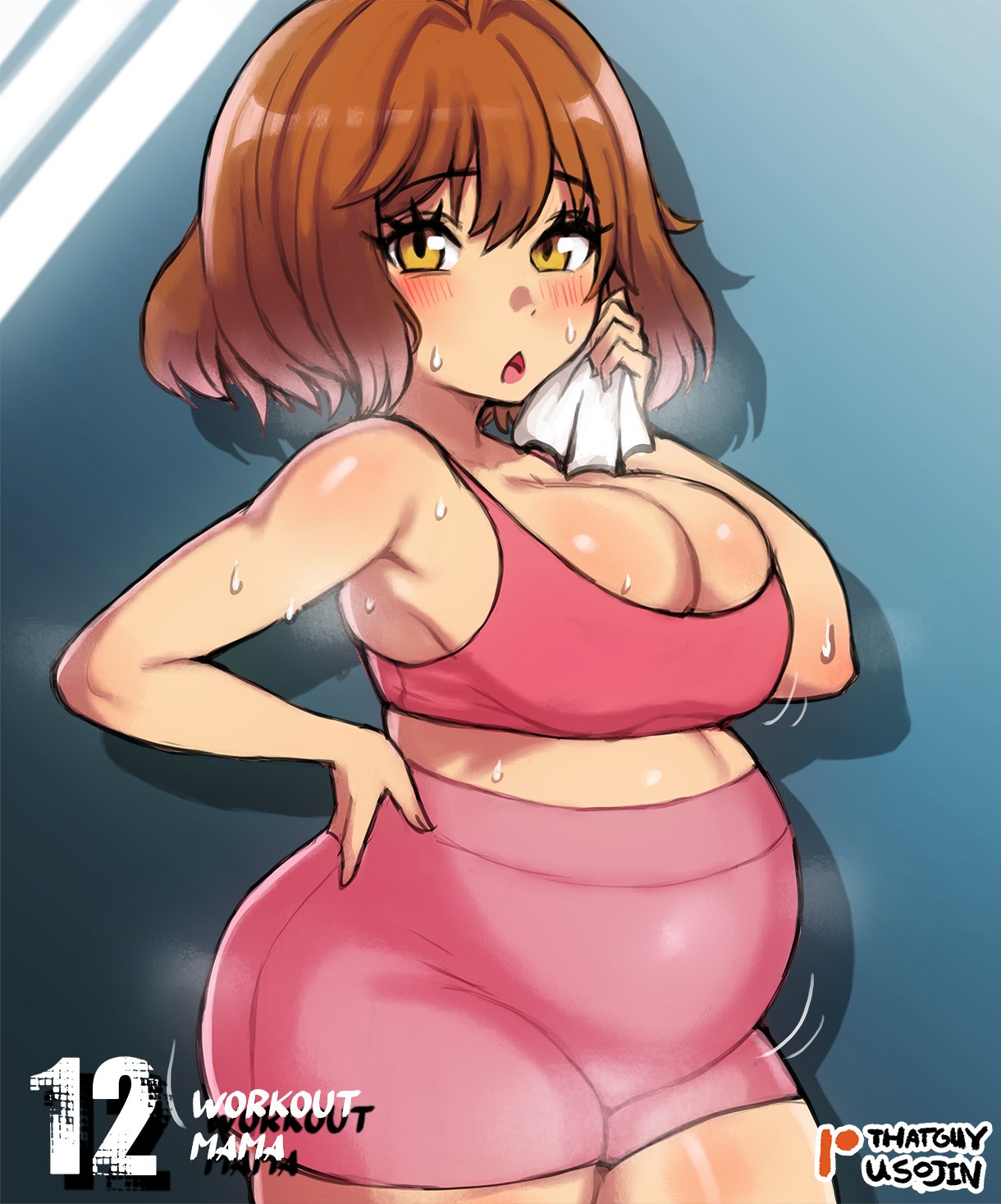 anis (nikke), big breasts, blush, bra, brown hair, bursting breasts, cleavage, exercise, female, female only, goddess of victory: nikke, gym clothes, gym shorts, hand on hip, maternity clothes, pink bra, pregnancy progression, pregnant, short hair, shorts, solo, sports bra, sportswear, sweat, thatguyusojin, wide hips, working out, yellow eyes