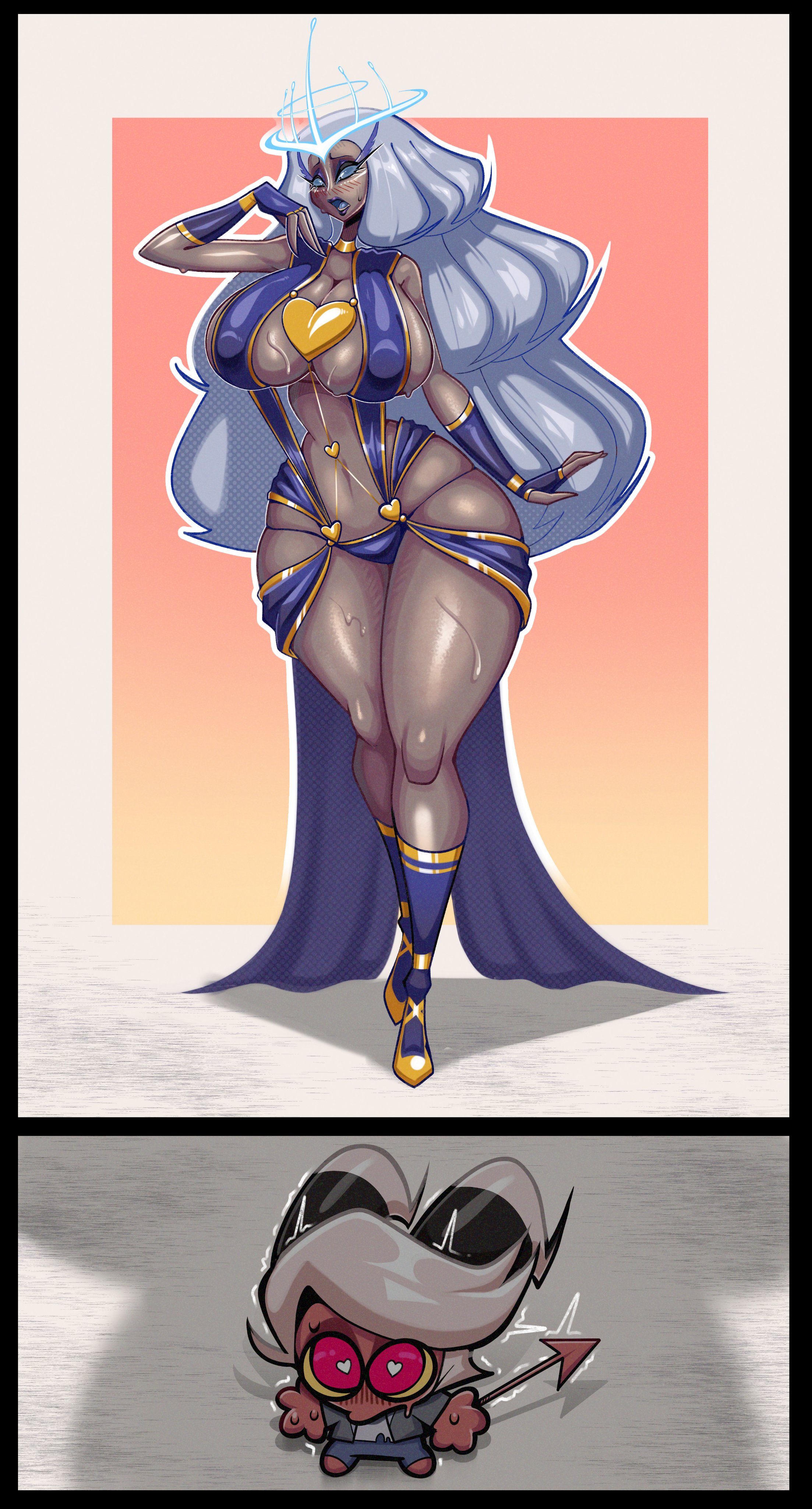 1boy, 1girls, angel, angel girl, aureola, bare arms, bare legs, bare shoulders, bare thighs, big breasts, blue eyes, blush, clothed, clothing, color, dark skin, dark skinned female, demon, demon boy, demon horns, demon tail, embarrassed, female, halo, hazbin hotel, heart-shaped pupils, hi res, huge breasts, imp, large breasts, long hair, looking at viewer, male, male/female, massive breasts, nipple bulge, original character, sera (hazbin hotel), smaller male, stormrayneart, sweat, taller female, thick thighs, thighs, vivienne medrano, white hair