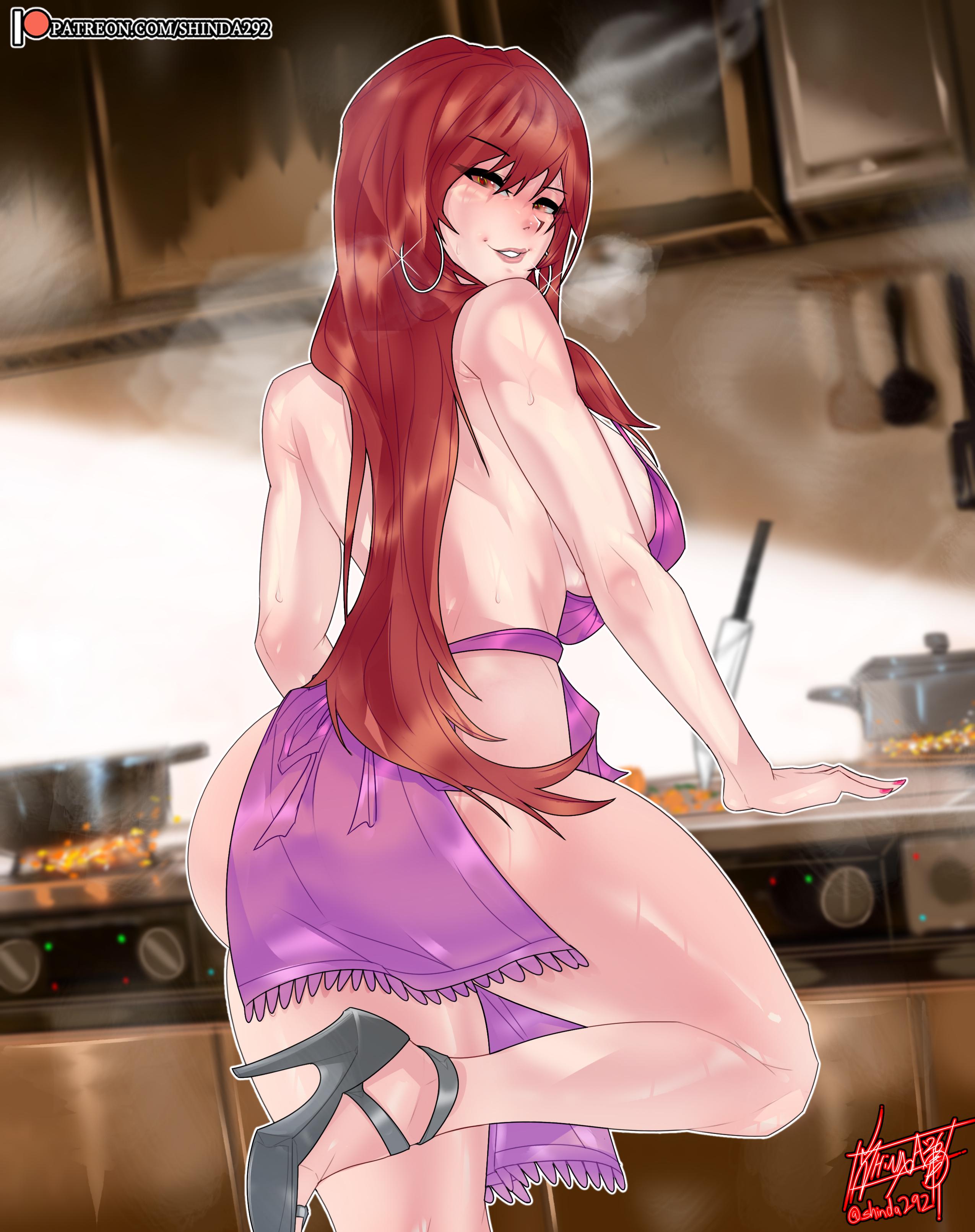 1girls, apron, apron only, artist name, artist signature, barely clothed, barely covered, blush, breasts bigger than head, check copyright, cooking, female, female only, goddess of victory: nikke, heart-shaped pupils, hi res, high heels, highres, hoop earrings, hoop earrings oversized, huge breasts, kitchen, kitchen counter, looking at viewer, looking back, looking back at viewer, mostly nude, naked apron, nikke, one leg up, practically nude, purple apron, rapi (nikke), red hair, see-through, see-through apron, see-through clothing, shinda292, sideboob, solo, solo female, tagme, thick thighs, very long hair, viewer pov