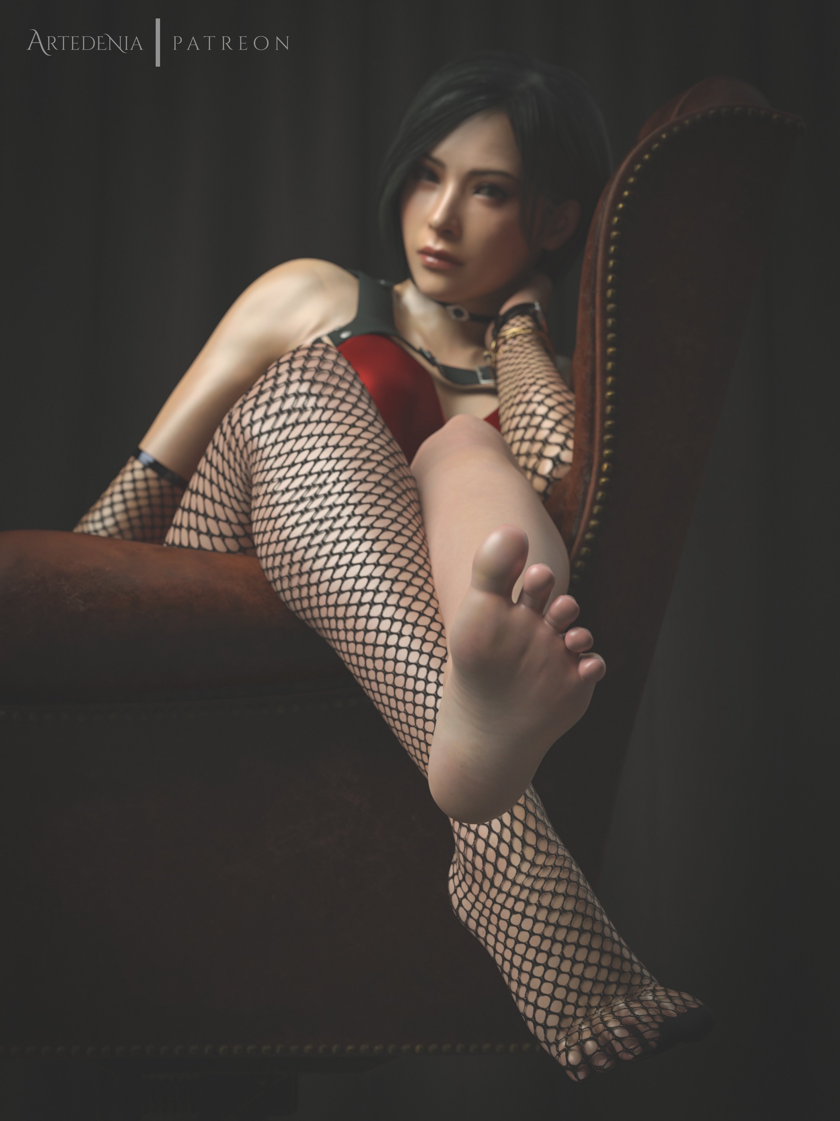 3d, ada wong, artedenia, artedenian, asian, asian female, bangs, barefoot, black eyes, black hair, blender, choker, feet, feet focus, fishnets, legs up, looking at viewer, mature female, medium hair, nsfw, removed clothing, resident evil, resident evil 2, resident evil 2 remake, resident evil 4, resident evil 4 remake, skirt, sleeveless, sleeveless dress, sleeveless shirt, socks and shoes, sofa, soles, stockings, tagme, teasing, teasing viewer, toes