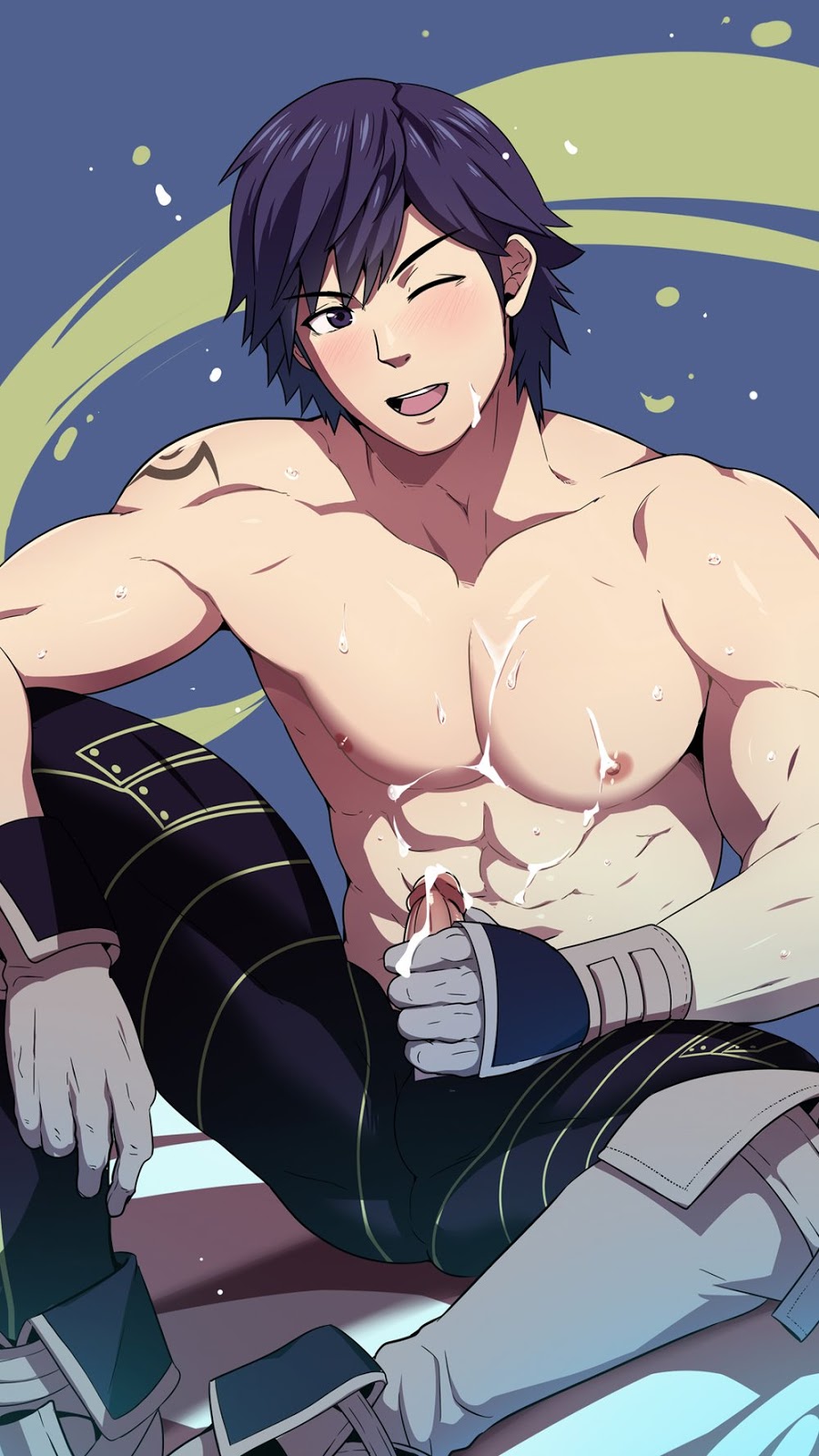 1boy, blue hair, blush, chrom (fire emblem), erection, fire emblem, fire emblem awakening, gay, male, male focus, male only, masturbation, mazjojo, muscles, muscular, muscular male, penis, sitting, smile, solo, topless, wink