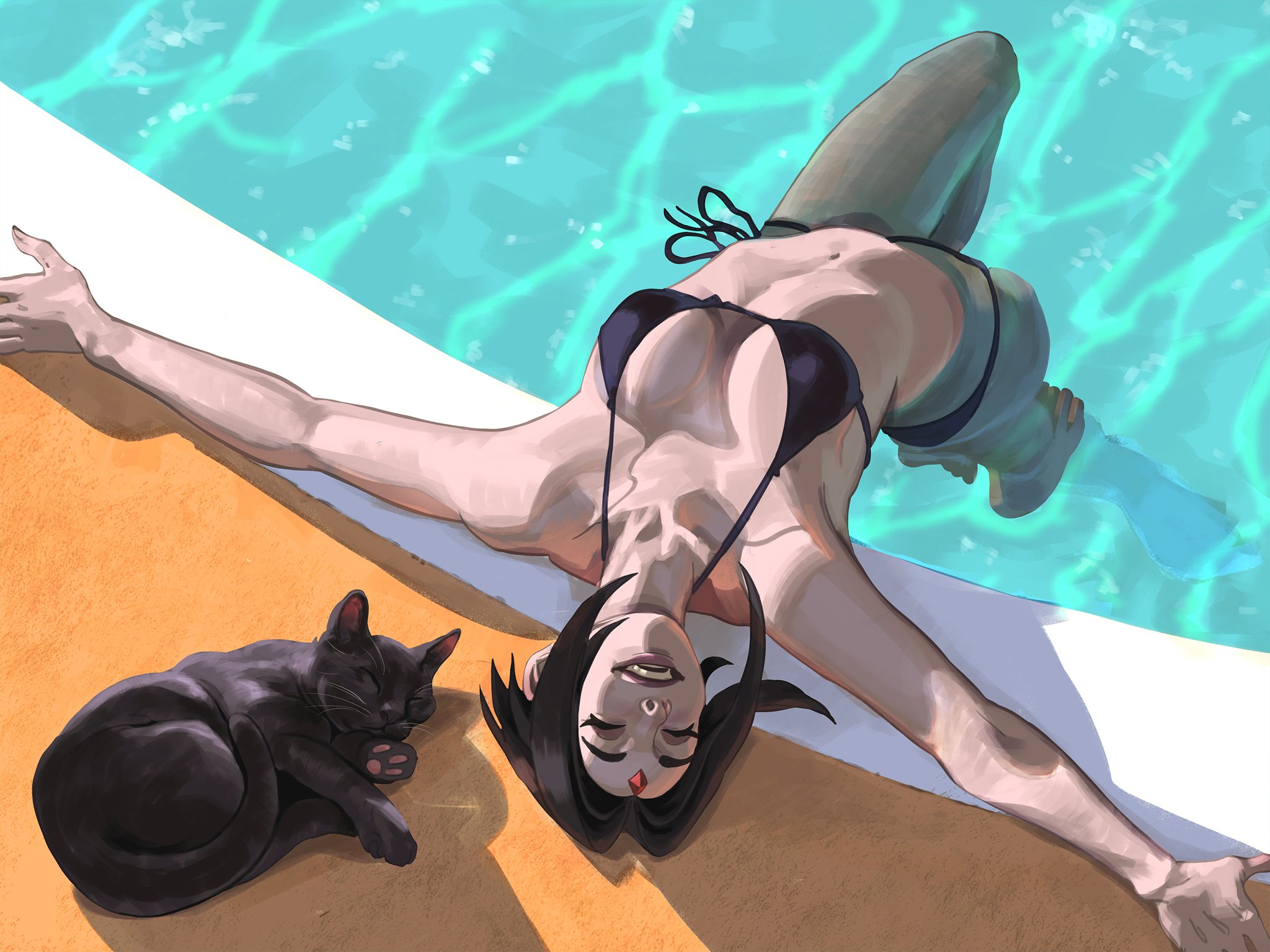 armpits, arms spread, arms up, bikini, dc, dc comics, elaimart, emo, goth, goth girl, justice league, pale, pool, rachel roth, raven (dc), solo, solo female, water