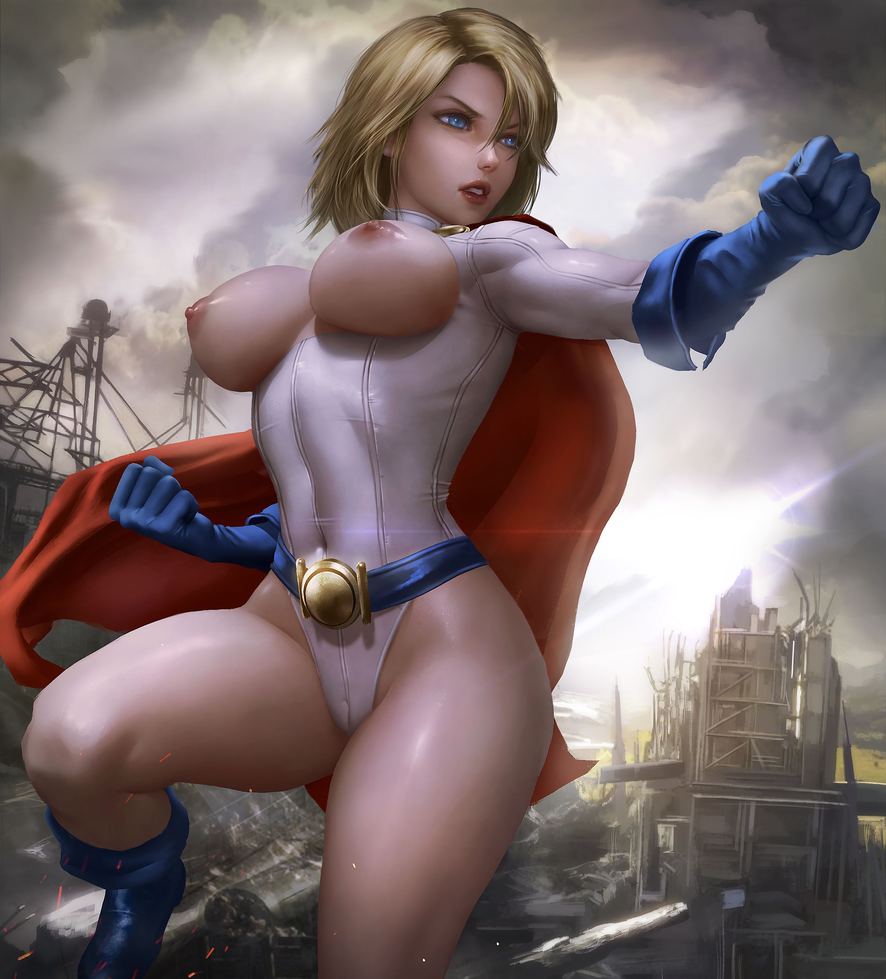 1girls, absurdres, areolae, big breasts, breasts, dc, dc comics, female, highres, large breasts, logan cure, nipples, power girl, skimpy costume, solo, superman (series)