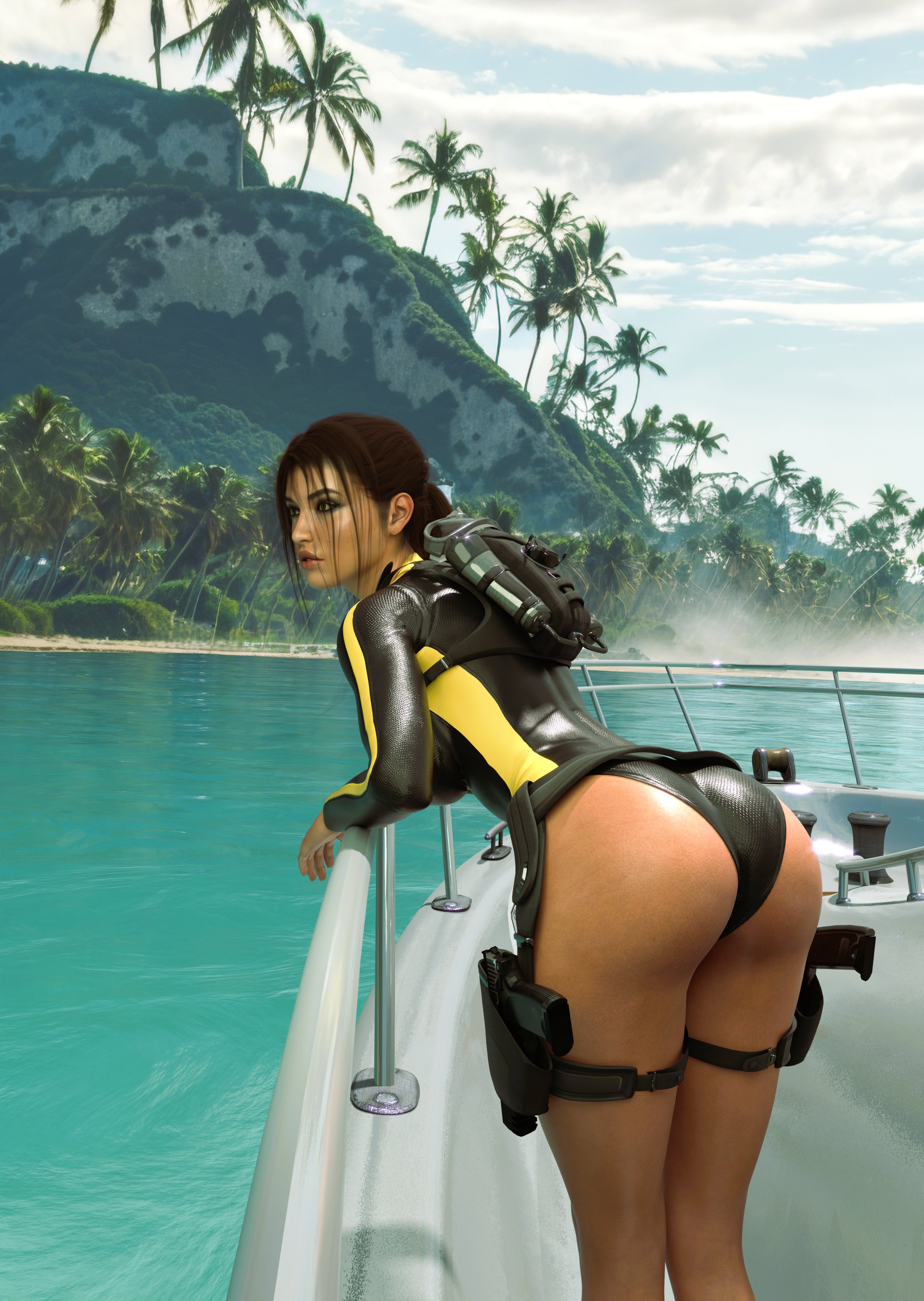 1girls, 3d, ass, big ass, female, lara croft, lara croft (l.a.u.), moeyak5, solo, tomb raider, tomb raider (l.a.u.), wetsuit