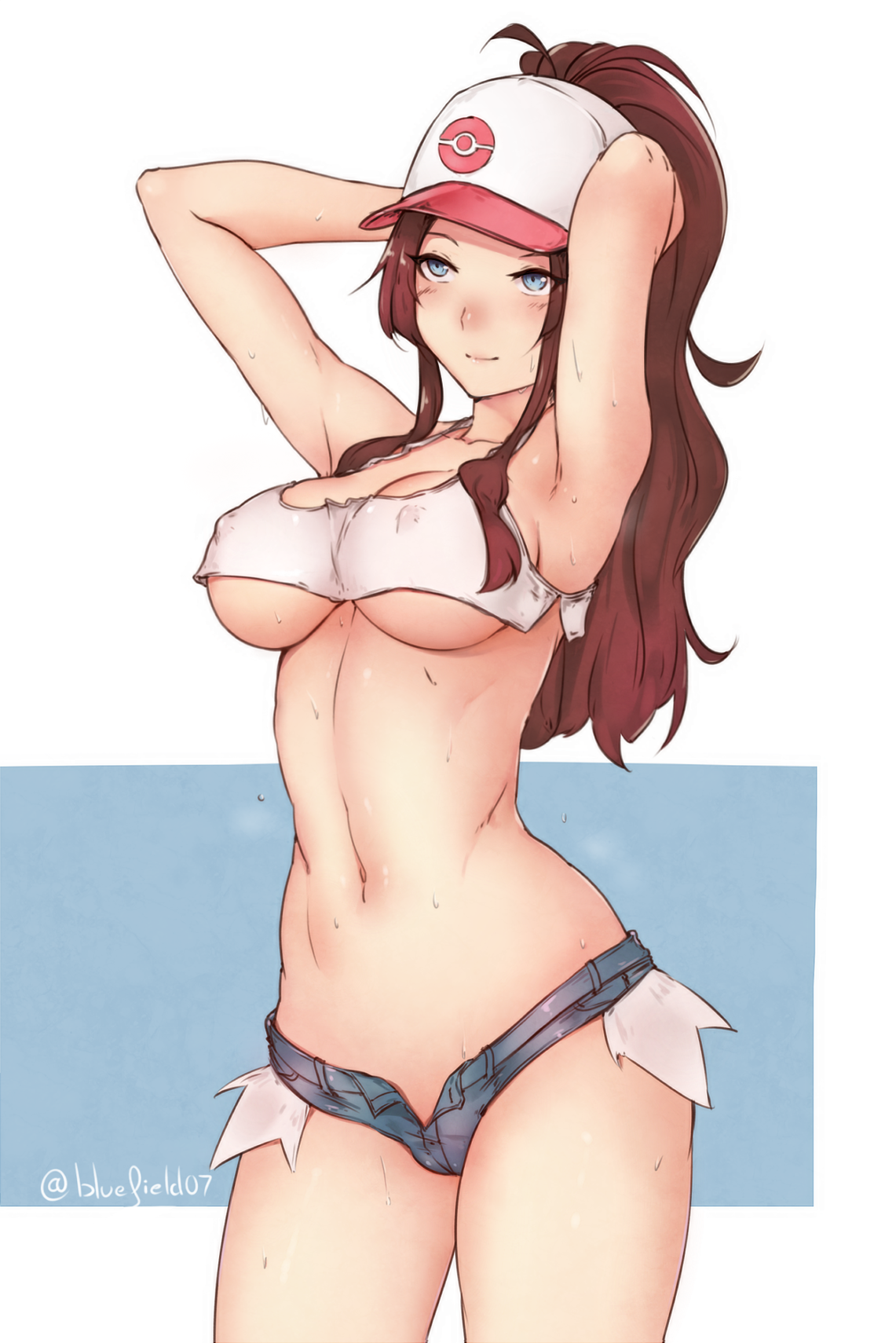 bluefield, booty shorts, breasts, brown hair, cleavage, erect nipples, female, female only, hilda (pokemon), medium breasts, micro shorts, minishorts, nipples, pokemon, short shorts, shorts, solo, sweat