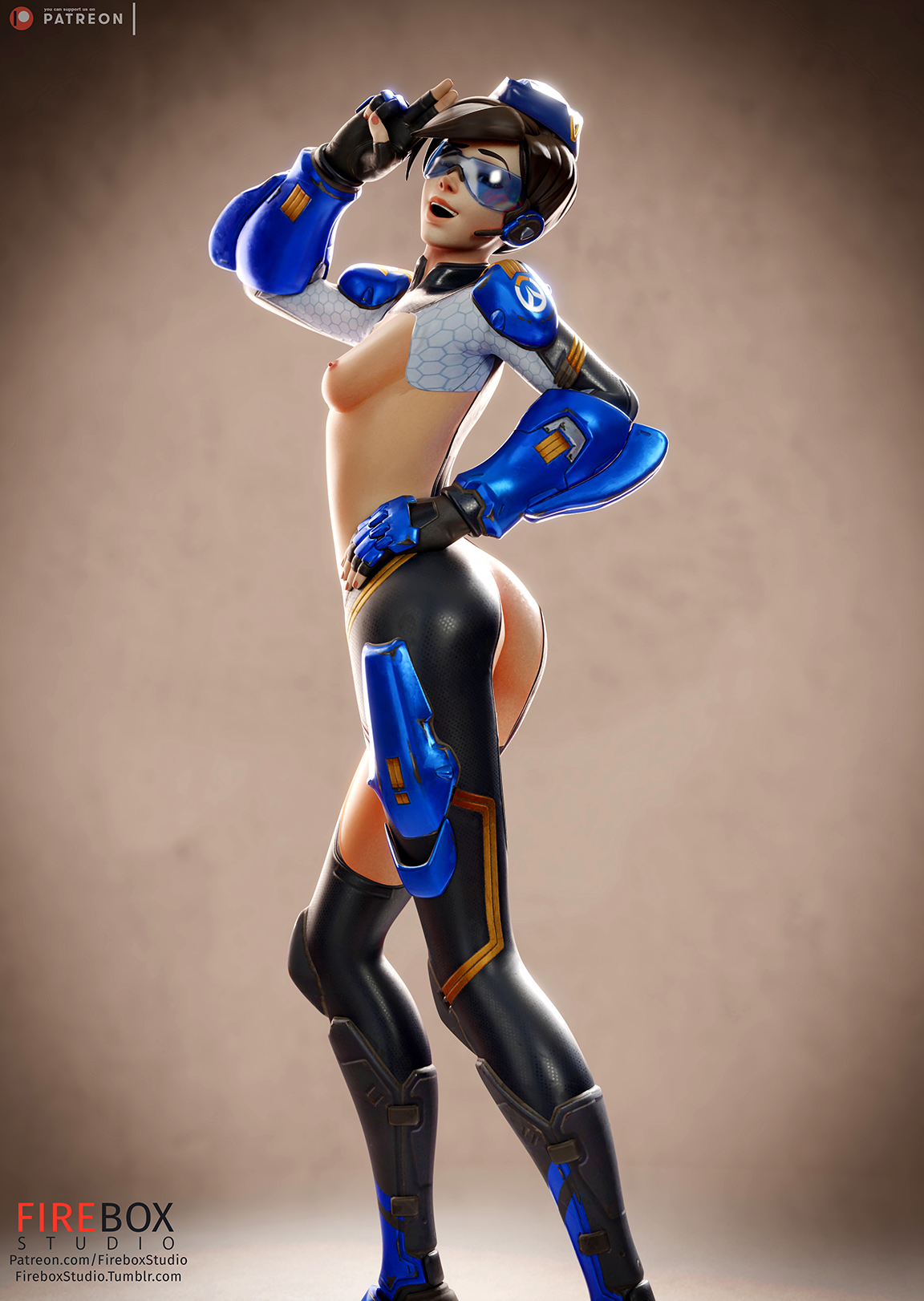 3d, alternate costume, areolae, ass, blender, blizzard entertainment, breasts, cadet oxton, female, female only, fireboxstudio, garrison cap, lena oxton, looking at viewer, nipples, overwatch, patreon username, solo, tracer, tumblr username