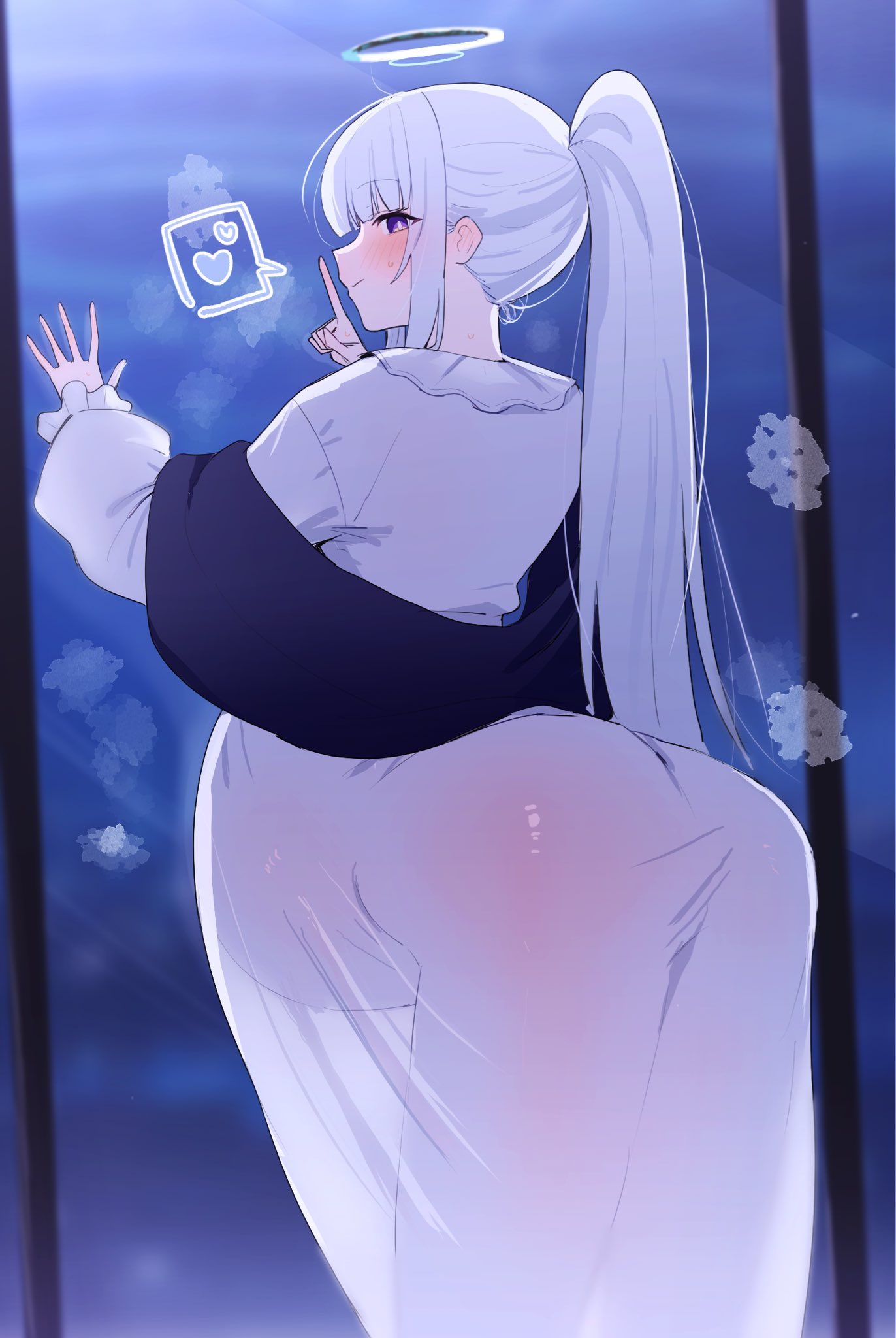 against glass, against wall, arched back, big ass, blue archive, blush, female, female only, fully clothed, halo, long hair, looking at viewer, looking back, maternity clothes, maternity dress, nightgown, noa (blue archive), pale skin, pale-skinned female, ponytail, pregnant, purple eyes, ready to pop, see-through clothing, smile, sweatdrop, white hair, window, woodhornr18