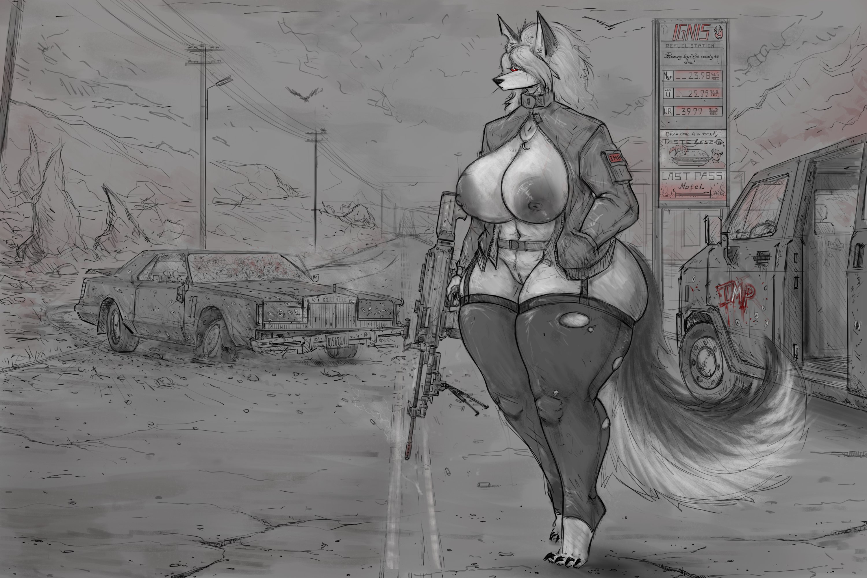 1girls, anthro, apocalypse, ass, beautiful, big ass, big breasts, breasts, canid, canine, canis, clothed, clothing, demon, demon girl, ears, female, furry, goth, goth girl, grey hair, gun, hair over one eye, hand in pocket, helluva boss, holding weapon, huge ass, huge breasts, jacket, looking away, looking to the side, loona (helluva boss), mythological canine, mythological creature, mythology, nikolai , nipples, no bra, no panties, no underwear, not furry, outdoors, outside, pussy, sexy, standing, tail, thick thighs, thighhighs, toothpick, toothpick in mouth, two-tone tail, vehicle, vehicle destruction, vivienne medrano, vivziepop, weapon, white body, white fur, wolf, wolf girl