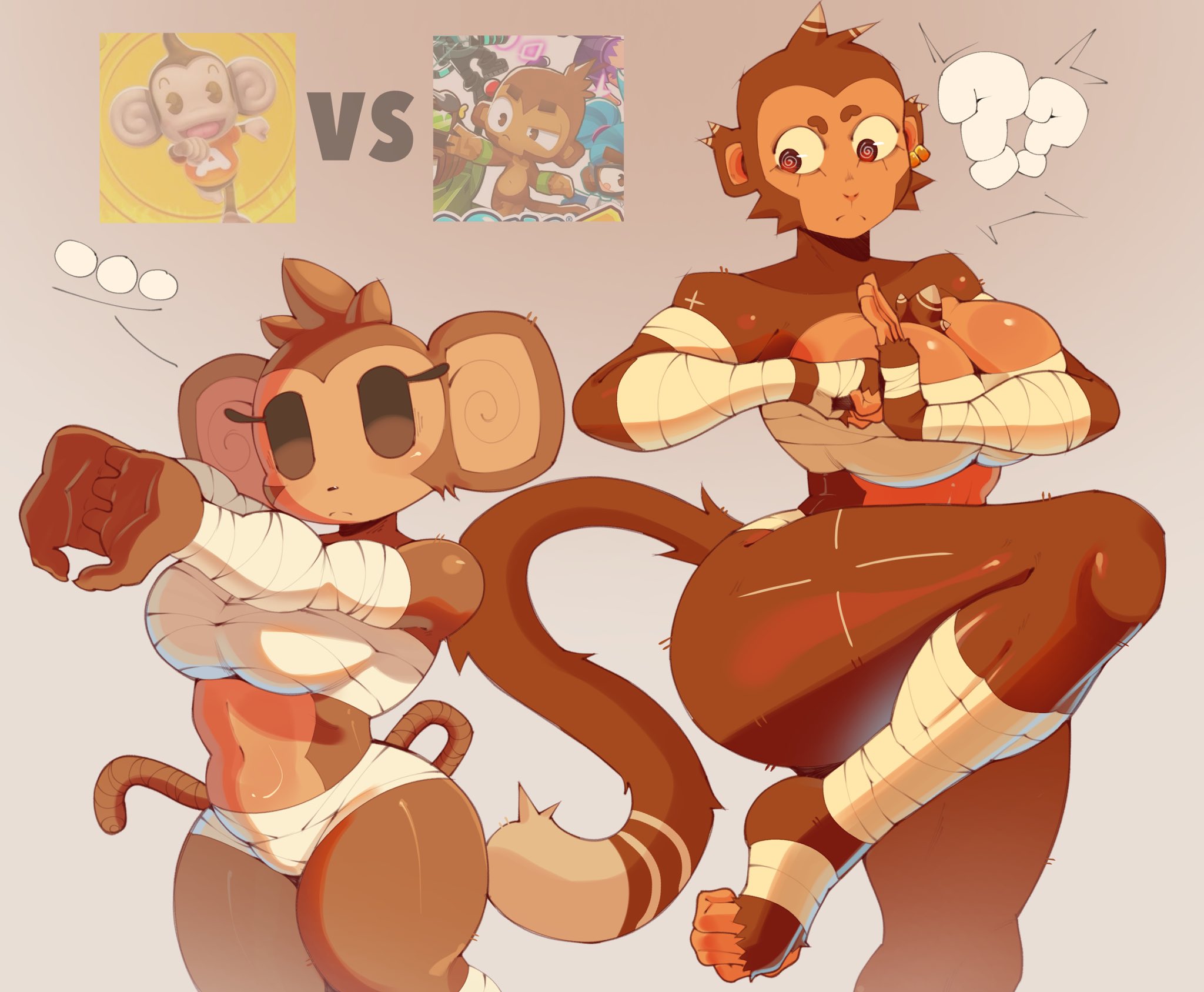 1girl focus, 2girls, abs, anthro, arm wraps, bandage wraps, bandages, big breasts, bloons tower defense, breasts, brown fur, confused, crossover, curvy, dart monkey, female, furry, huge breasts, hypno eyes, inset, large breasts, leg wraps, meemee, monkey fist (talons tw), monkey girl, monkey girl (mizzydoesthings), muscular female, panties,, primate, question marks, size difference, smaller female, speech bubble, spiral eyes, striped tail, super monkey ball, swirly eyes, tail, taller female, talons tw, thick thighs, thought bubble, underwear, vs, white panties, wide hips