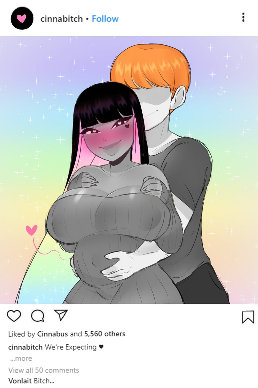 <3, 1boy, 1girls, 2021, bangs, big breasts, black eyes, black hair, blunt bangs, blush, cinnabus, eyeless male, female, heart tattoo, heart-shaped pupils, heavy blush, instagram, large breasts, long hair, looking at viewer, male, multicolored hair, orange hair, pregnant, rainbow hair, smiling, smiling at viewer, sona (cinnabus), tattoo under eye