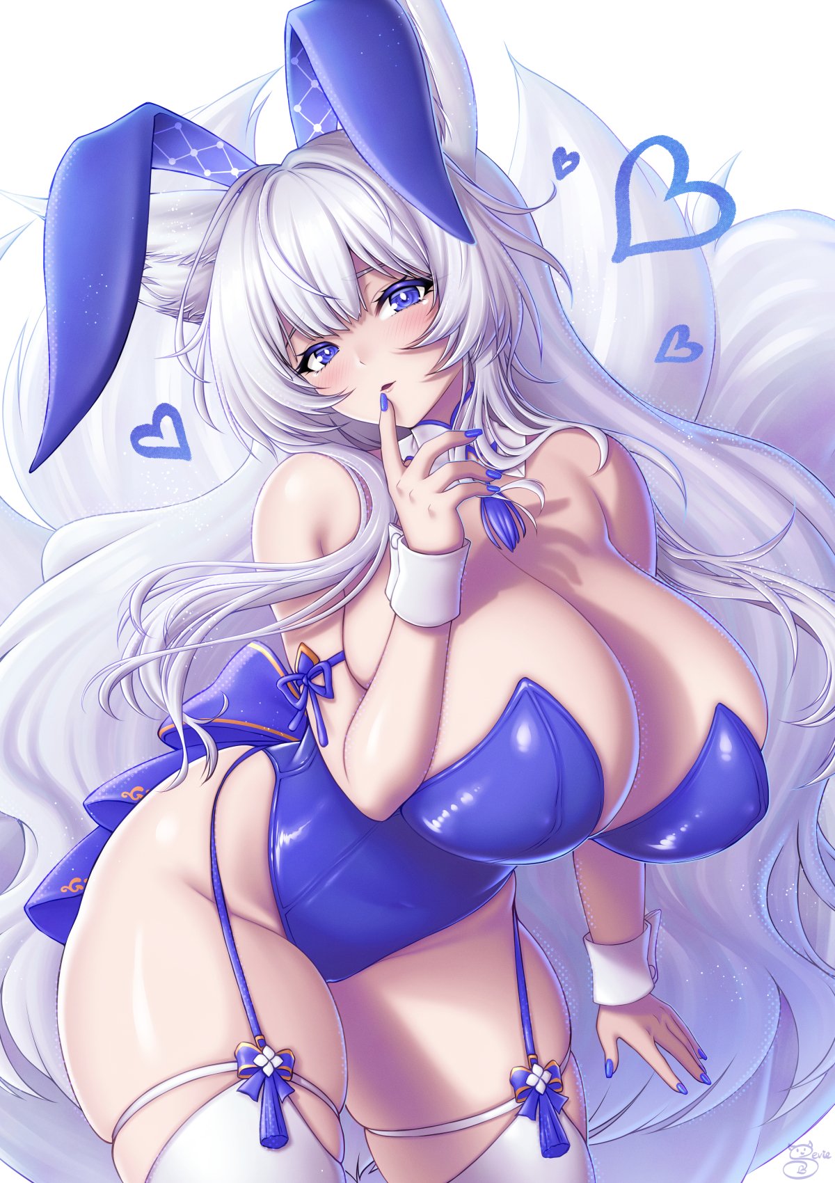 1girls, azur lane, blue nails, blush, bunny ears, bunny girl, bunnysuit, curvy, huge breasts, light skin, light-skinned female, nipple bulge, sakura empire (azur lane), sevie, shinano (azur lane), signature, thick thighs, thighhighs, wide hips