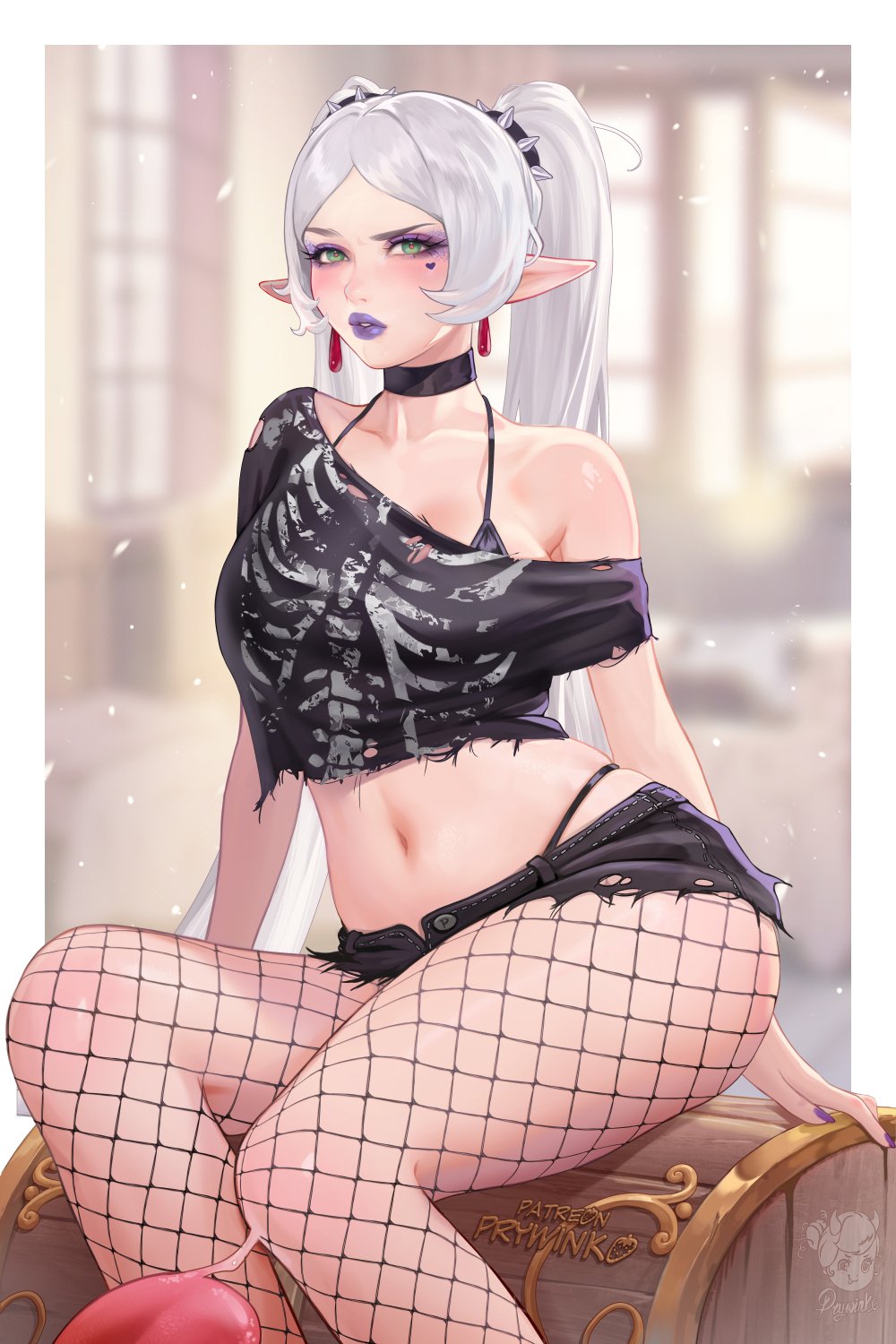 1girls, blush, choker, earrings, elf, elf ears, elf female, eyeshadow, female, female only, fishnet legwear, fishnets, frieren, frieren beyond journey's end, goth, goth fashion, green eyes, hair tie, heart tattoo, hi res, lipstick, long hair, looking at viewer, makeup, mimic chest, nail polish, painted fingernails, painted nails, prywinko, purple lipstick, short shorts, shorts, sitting, skindentation, solo, sousou no frieren, spiked hair tie, tattoo under eye, thick thighs, twintails, white hair