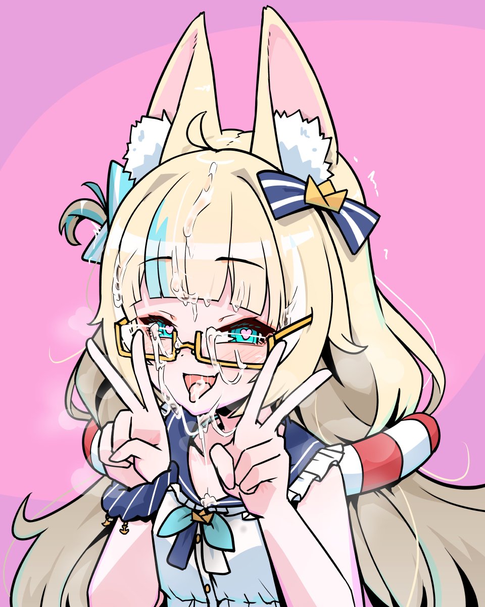 1girls, animal ears, blonde hair, double peace sign, facial, female, female only, glasses, heart-shaped pupils, indie virtual youtuber, light skin, light-skinned female, moral cacoethes, sameko saba, virtual youtuber