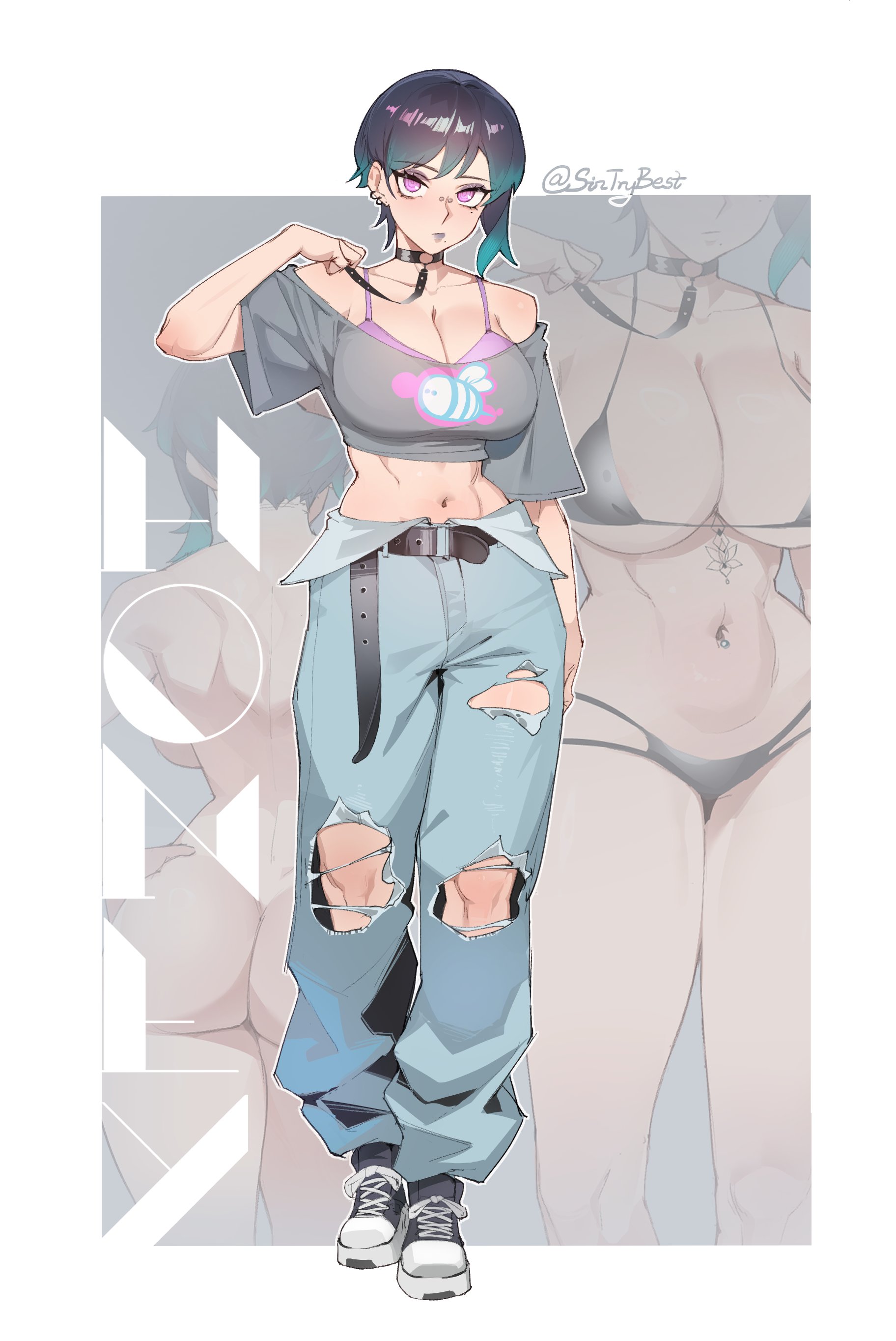 :/, absurdres, arm at side, ass, asymmetrical hair, backboob, baggy pants, belt, bikini, black belt, black bikini, black choker, black hair, black lips, blue pants, border, bra, breasts, bridge piercing, choker, cleavage, closed mouth, commentary, commission, completely nude, crop top, denim, ear piercing, english commentary, face piercing, female, full body, gradient hair, green hair, grey shirt, hand up, high tops, highres, jeans, large breasts, lipstick, looking at viewer, makeup, midriff, mole, mole under eye, mole under mouth, multi-strapped bikini bottom, multicolored hair, multiple views, navel, navel piercing, nude, o-ring, o-ring choker, off shoulder, off-shoulder shirt, original, outside border, pants, piercing, pink bra, pink eyes, projected inset, shirt, shoes, short hair, sin (sintrybest), sintrybest, sneakers, standing, streetwear, swimsuit, torn clothes, torn pants, twitter username, underwear, white border
