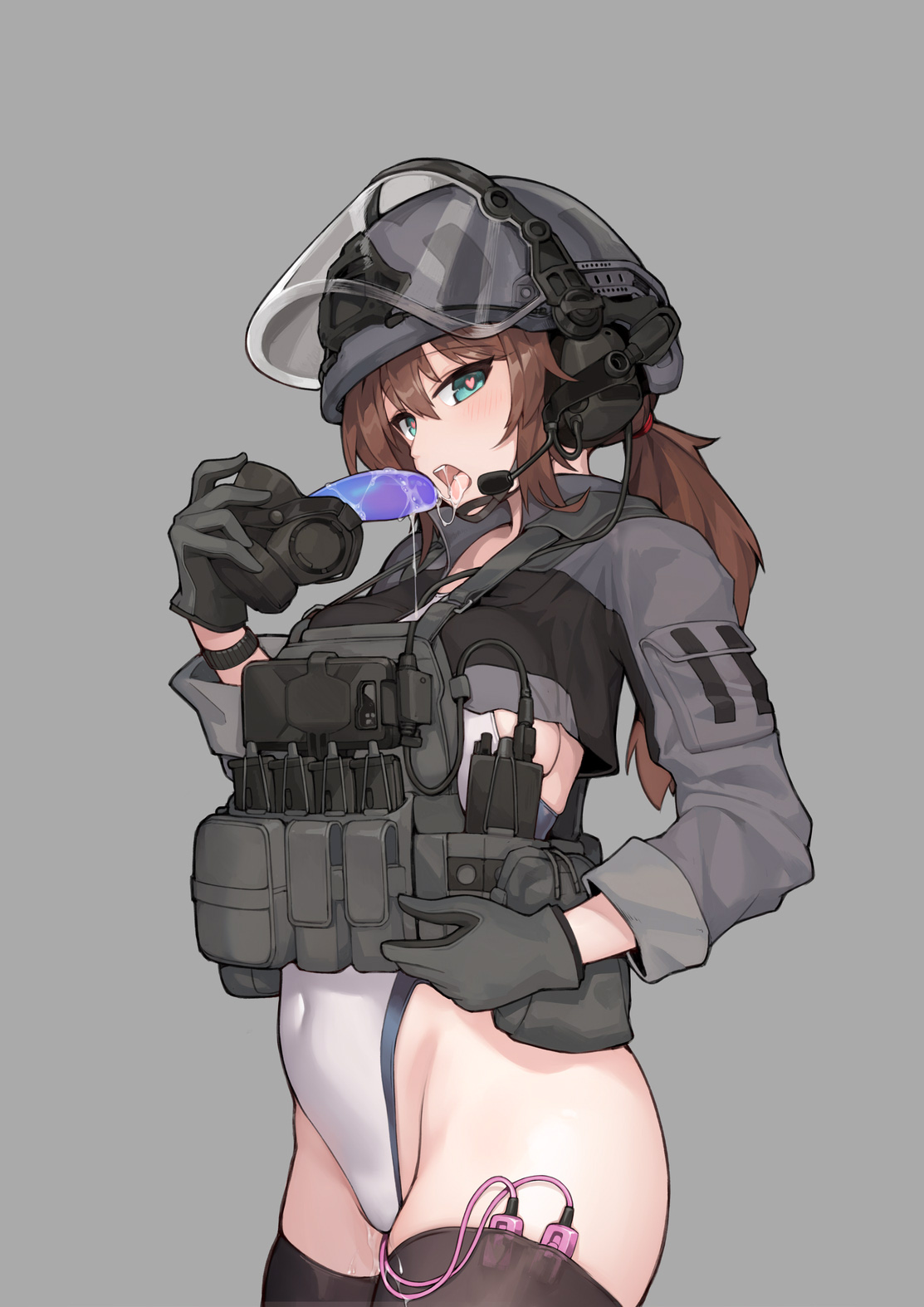 1girls, brown hair, dildo gag, drool, drooling, female, female only, gag, gloves, heart shaped pupils, helmet, medium breasts, stmast, stmaster, tagme, thighhighs, tight clothing, vibrator, vibrator controller, vibrator cord, vibrator under clothes