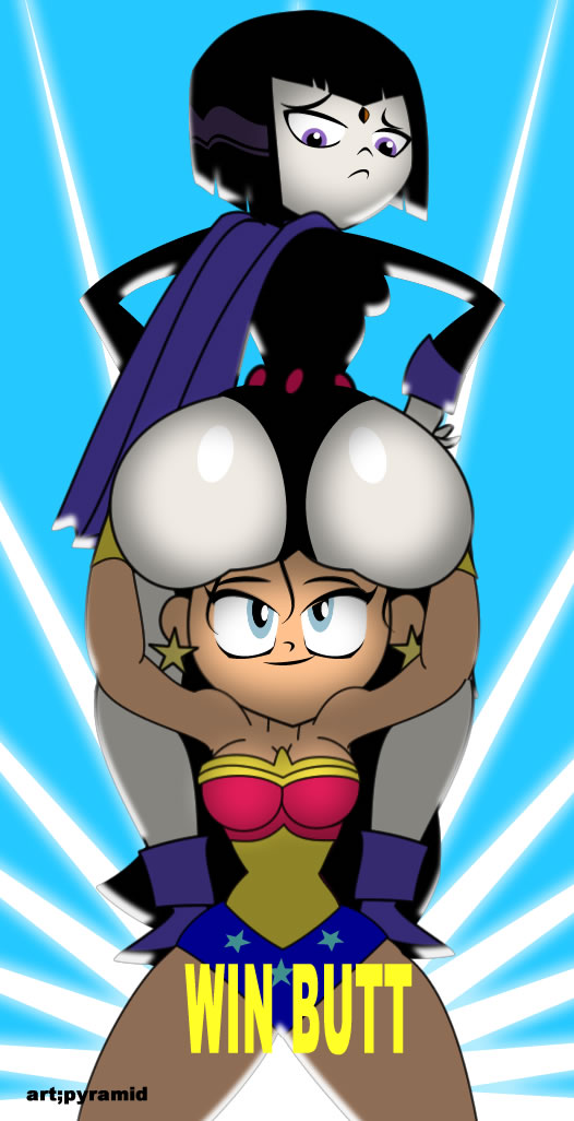 absurdres, ass, big ass, breasts, carrying, dc, dc comics, female, hands on ass, looking at another, looking back, pyramid (artist), rachel roth, raven (dc), sitting on person, straight hair, teen titans, teen titans go, wonder woman, wonder woman (series)