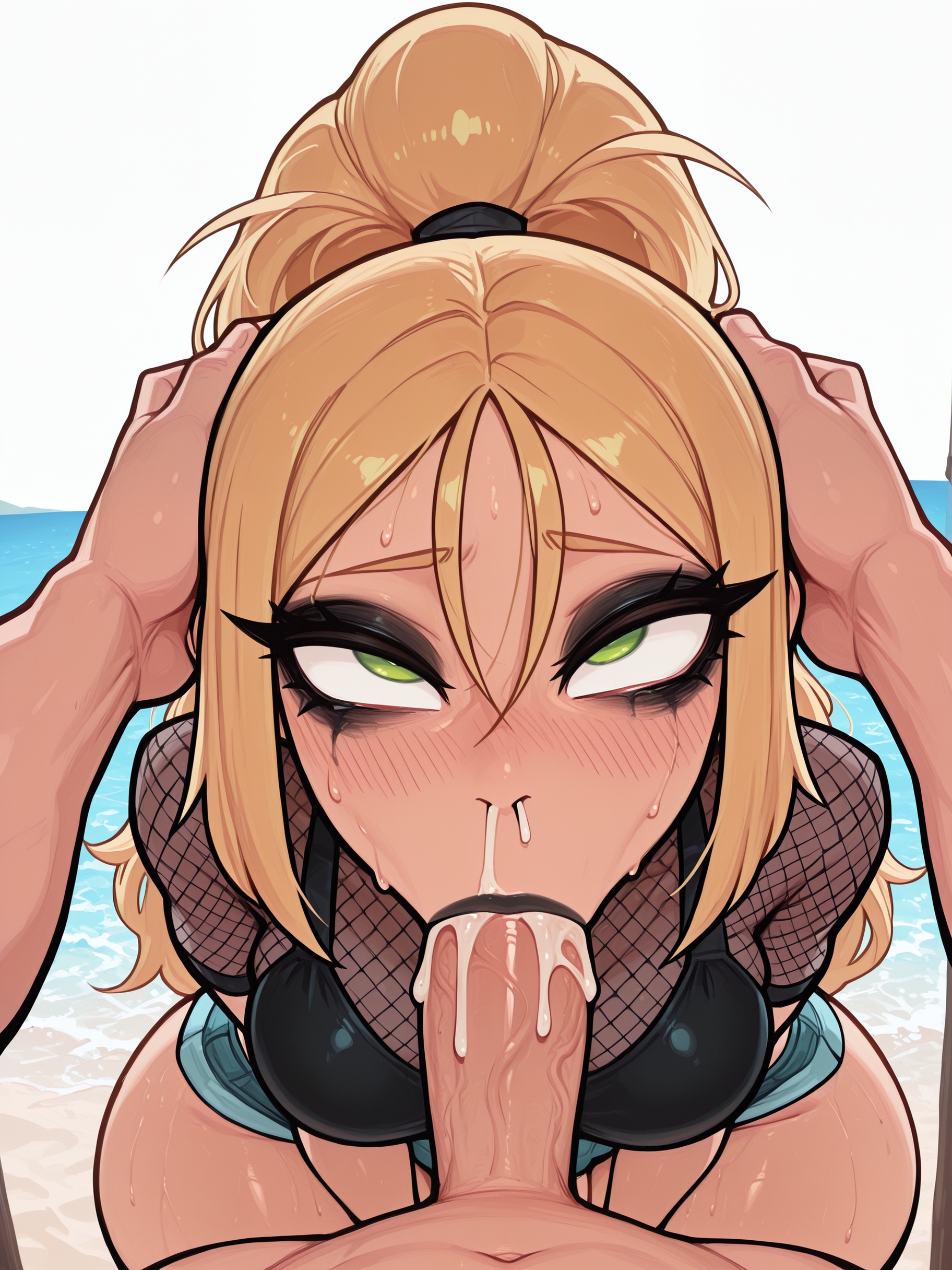 1boy, 1girls, abs, ahe gao, ai generated, ass, big ass, big breasts, big hips, black eyeshadow, black lip, black lips, black lipstick, black makeup, blonde female, blonde hair, blowjob, blowjob face, blowjob only, breasts, bridgette (tdi), cleavage, clothed, clothing, cum, cumming, cumming in mouth, eyebrows, eyelashes, female, female focus, goth, goth girl, goth makeup, gothic, gothic girl, gothified, green eyes, grin, holding head, long hair, looking at viewer, male, medium breasts, medium hair, navel, partial male, pov, rolled eyes, seductive, seductive look, seductive smile, smile, smirk, smooth skin, solo female, solo focus, total drama island, velfur, velfur (artist)