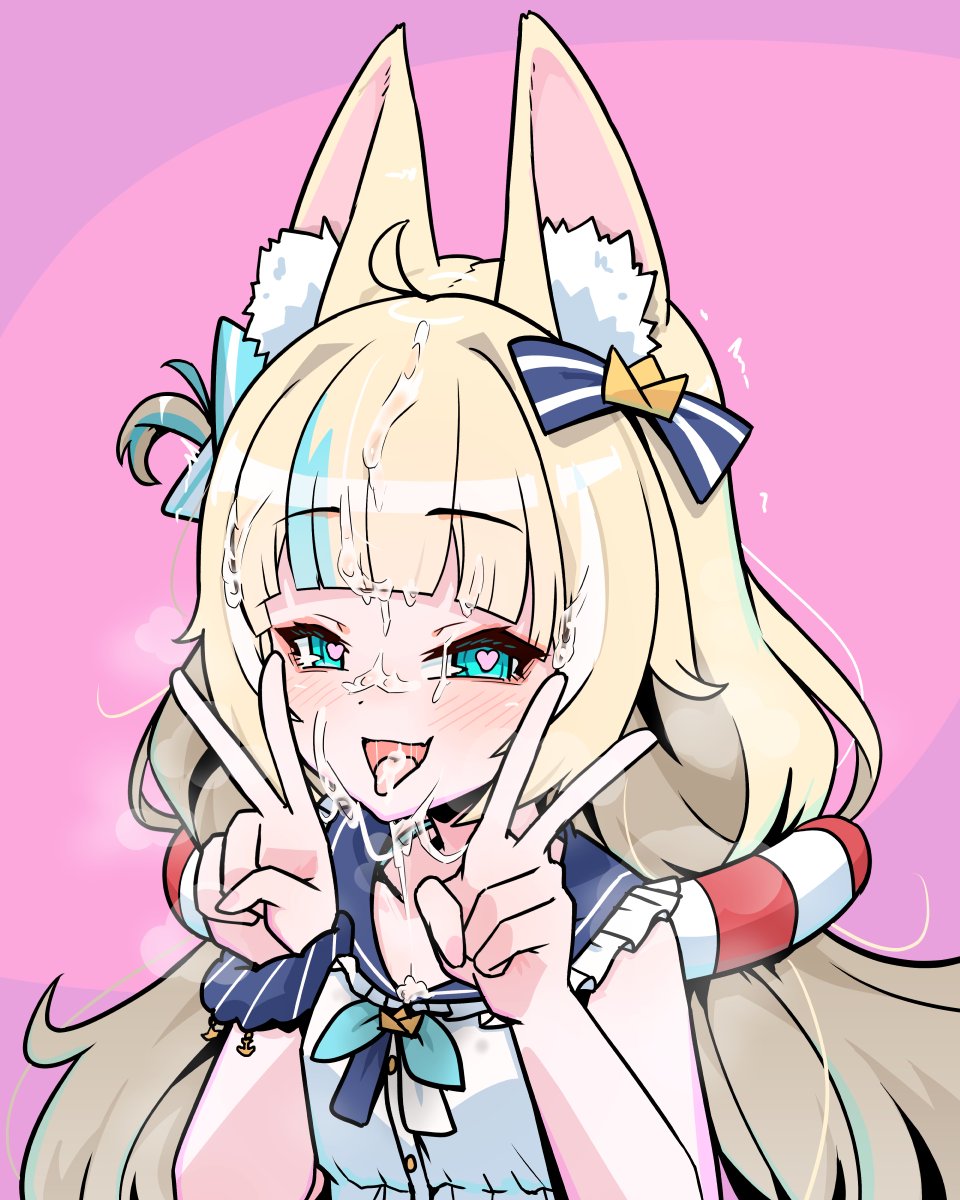 1girls, animal ears, blonde hair, double peace sign, facial, female, female only, heart-shaped pupils, indie virtual youtuber, light skin, light-skinned female, moral cacoethes, sameko saba, virtual youtuber