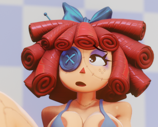 areolae, areolae visible through bikini, big breasts, bikini, bow, button eye, doll girl, dorfloor3, dotflare, face focus, freckles, glitch productions, gooseworx, ragatha, ragatha (beach outfit), ragatha (dorfloor3), ragatha (tadc), ragatha (the amazing digital circus), red hair, red-haired female, solo, stitches, stitches on face, swimsuit, tagme, the amazing digital circus