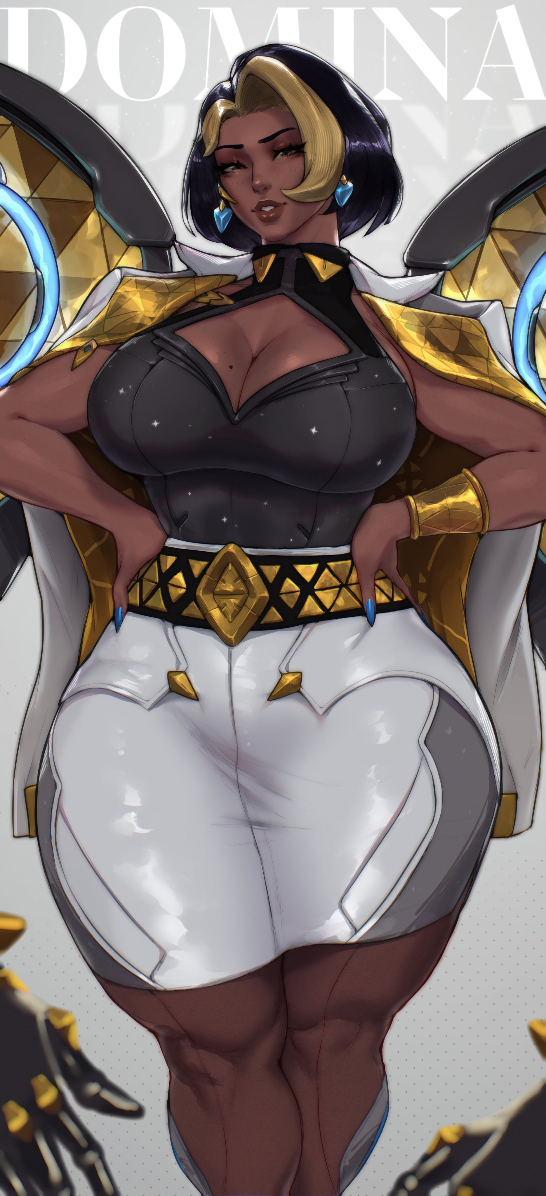 1girls, 2d, 2d (artwork), 2d artwork, aoran p.b., aoranpb, armlet, big breasts, big thighs, black hair, black hair female, black-haired female, blizzard entertainment, blue fingernails, boob window, bracelet, breast focus, breasts, breasts focus, business attire, business woman, child bearing hips, clothed, clothed female, clothing, collared dress, curvaceous, curvy, curvy body, curvy female, curvy figure, curvy hips, dark skin, dark-skinned female, domina, dress, ear piercing, ear ring, earring, earrings, eyes out of frame, eyes up here, female, female focus, female only, finger pointing, front view, fully clothed, fully clothed female, gigantic breasts, gold jewelry, hourglass figure, hourglass figured female, huge breasts, indian female, jewelry, mole on breast, overwatch, overwatch 2, pierced ears, piercing, piercings, pointing, pointing up, qos, simple background, solo, solo female, solo focus, thicc thighs, thick thighs, thighs, tight clothing, triangle earrings, vaira singhania, voluptuous, voluptuous body, voluptuous female, wide hips, yellow hair
