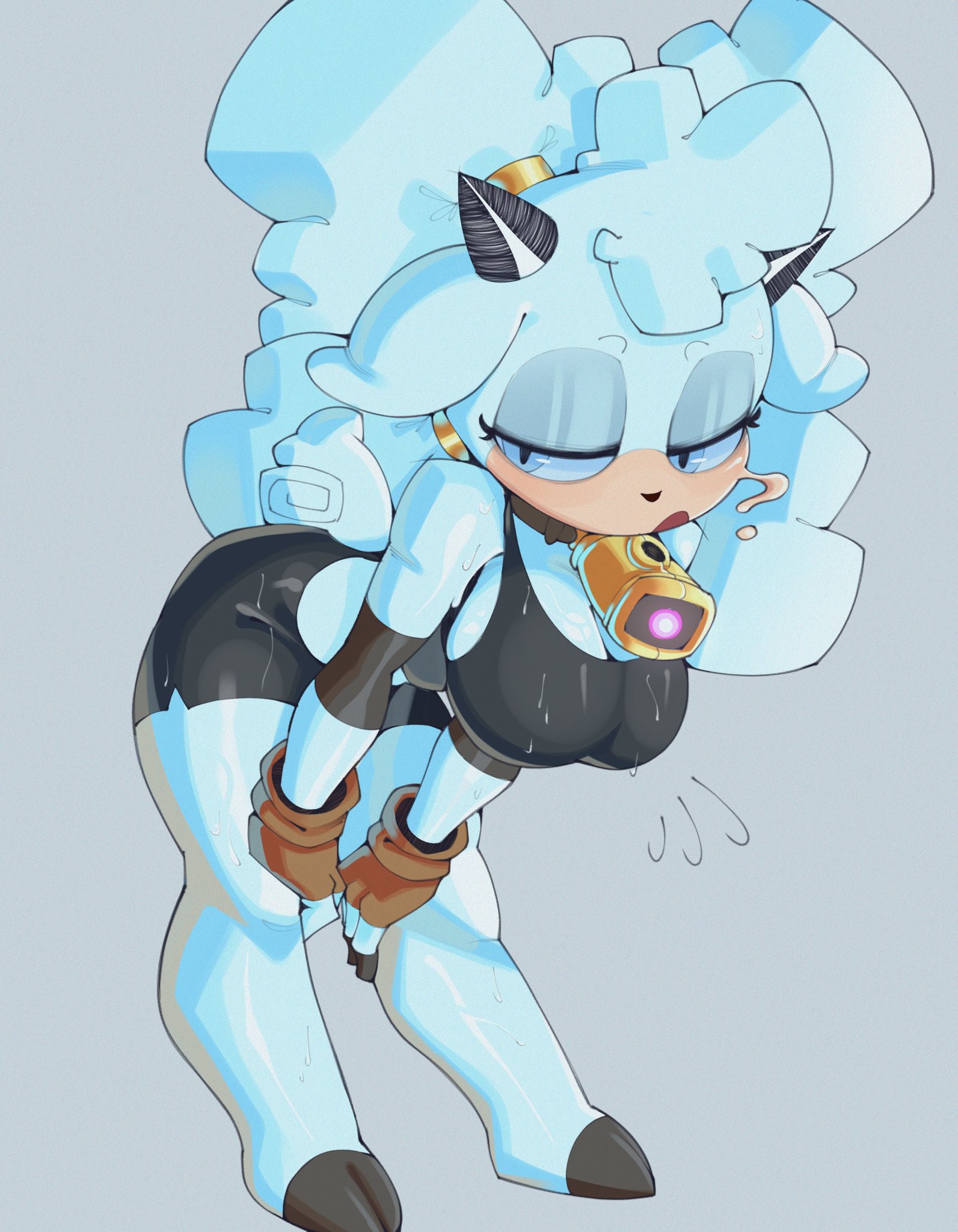 1girl, 2d, 2d (artwork), 2d artwork, abs, anthro, bent over, big ass, big breasts, black horns, black tank top, blue fur, blush, breasts, clothed, clothed female, cowbell, curvy, eyes half closed, fanart, female, female focus, female only, fingerless gloves, fluffy tail, goggles, gray background, half-closed eyes, hands between thighs, hands on knees, horns, huge ass, huge breasts, ice, idw comics, idw publishing, lanolin the sheep, large breasts, leaning forward, light blue fur, muscular female, no background, no sex, non-human, non-human only, open mouth, sfw, sheep girl, shorts, solo, solo female, solo focus, standing, sweat, sweaty, tail, talons tw, thick thighs, tied hair, tight clothes, tight clothing, tired, tired eyes, wet clothes, white fur, wide hips, wool