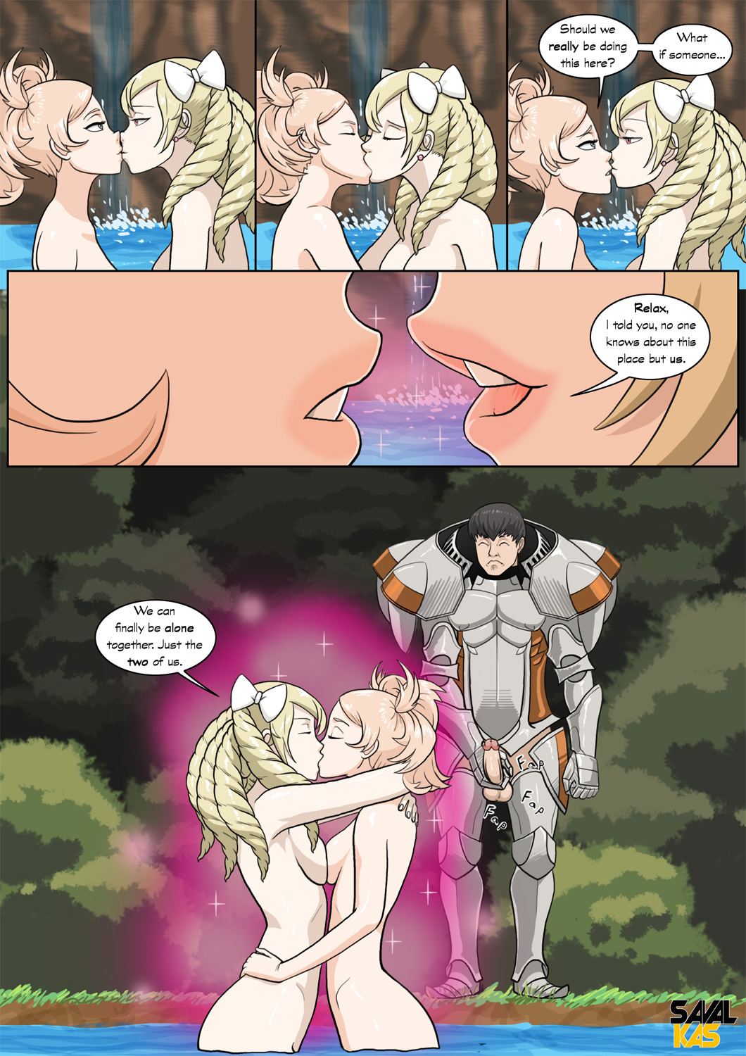 1boy 2girls armor arms_around_neck bare_arms bare_midriff bare_shoulders blonde_hair bow braid braided_hair breast_press breasts closed_eyes comic embrace female fire_emblem fire_emblem_awakening funny hands_on_hips kellam_(fire_emblem) kissing lips lissa_(fire_emblem) maribelle_(fire_emblem) masturbation midriff naked nude passionate penis savalkas sideboob spying twintails watching water waterfall yuri